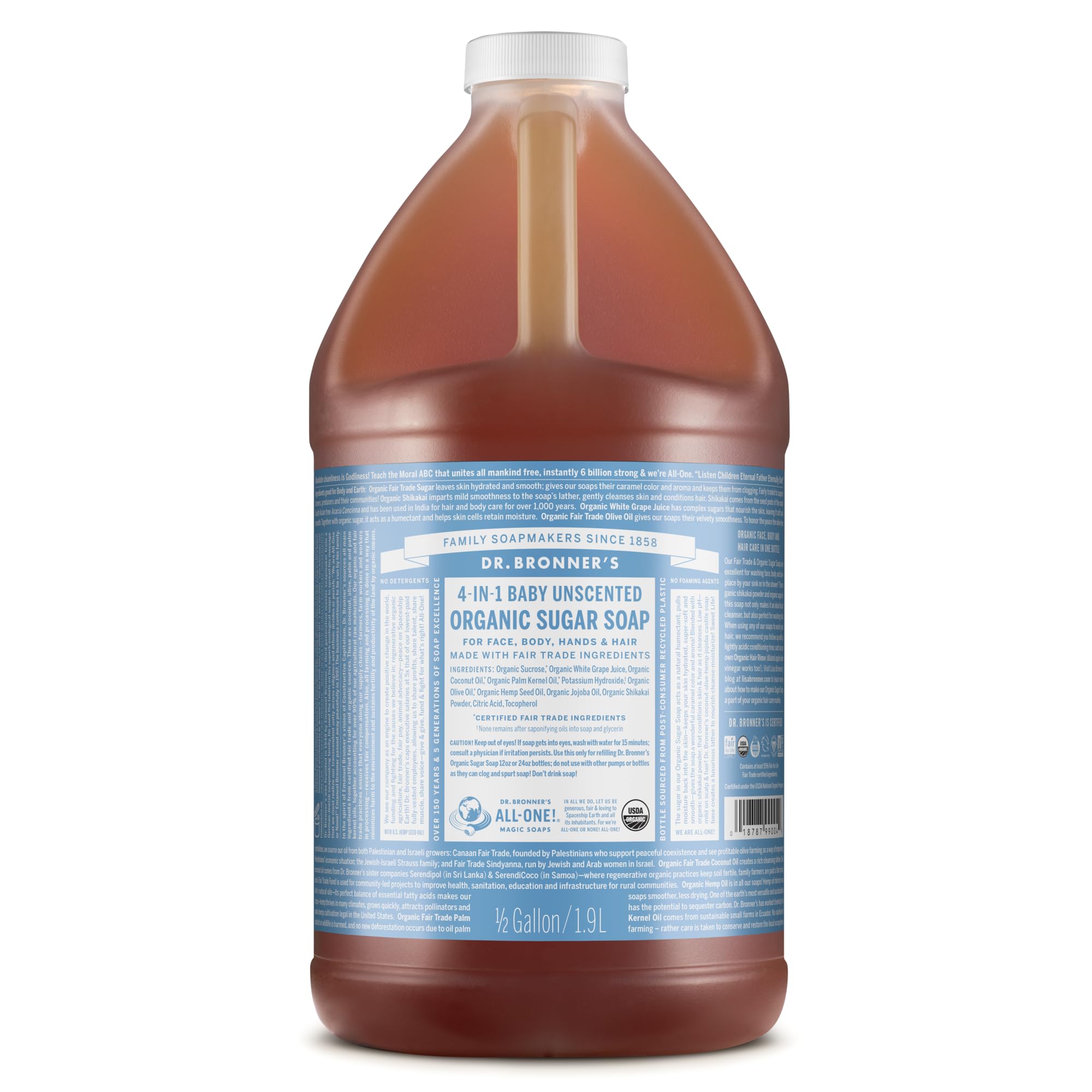 Dr. Bronner's Baby Unscented Sugar Soap bottle shows gentle cleansing for the whole family.