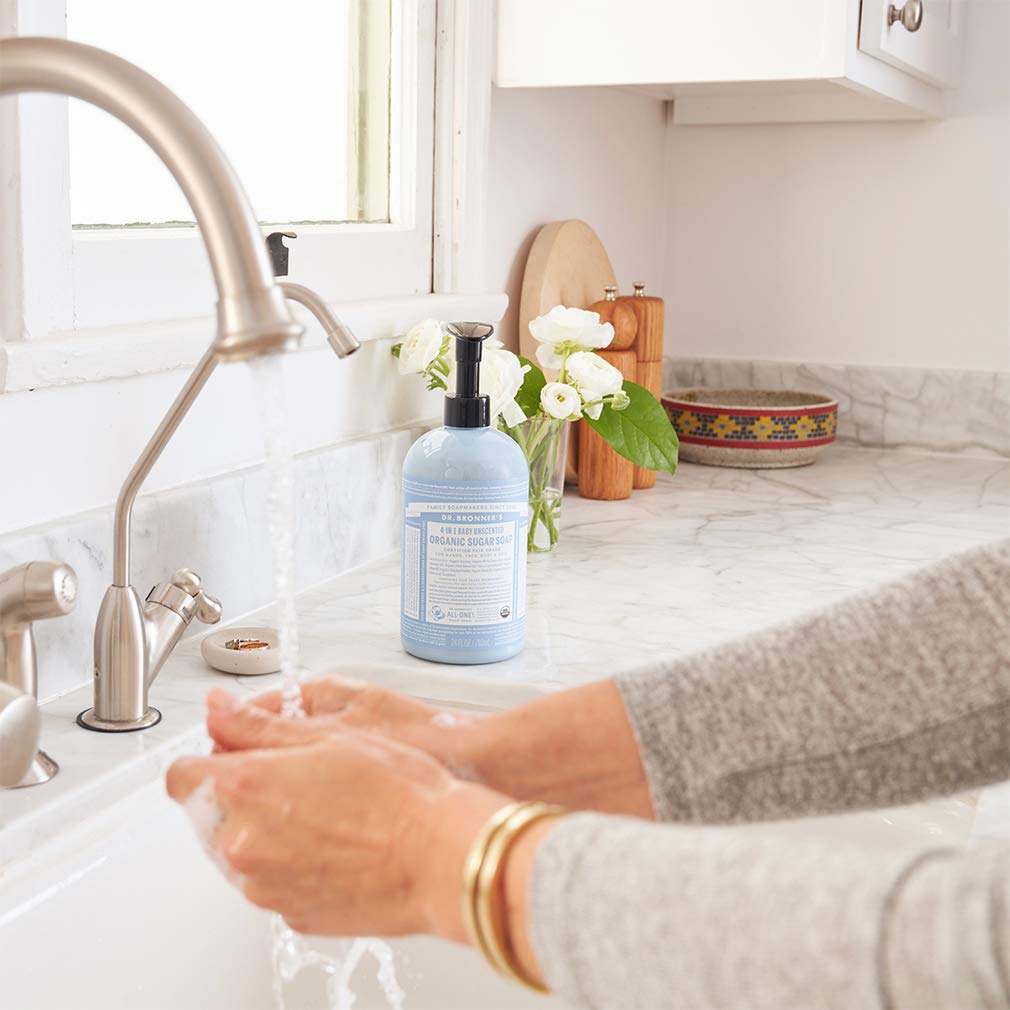 Dr. Bronner's Baby Unscented Sugar Soap creates a gentle hand lather for daily use.