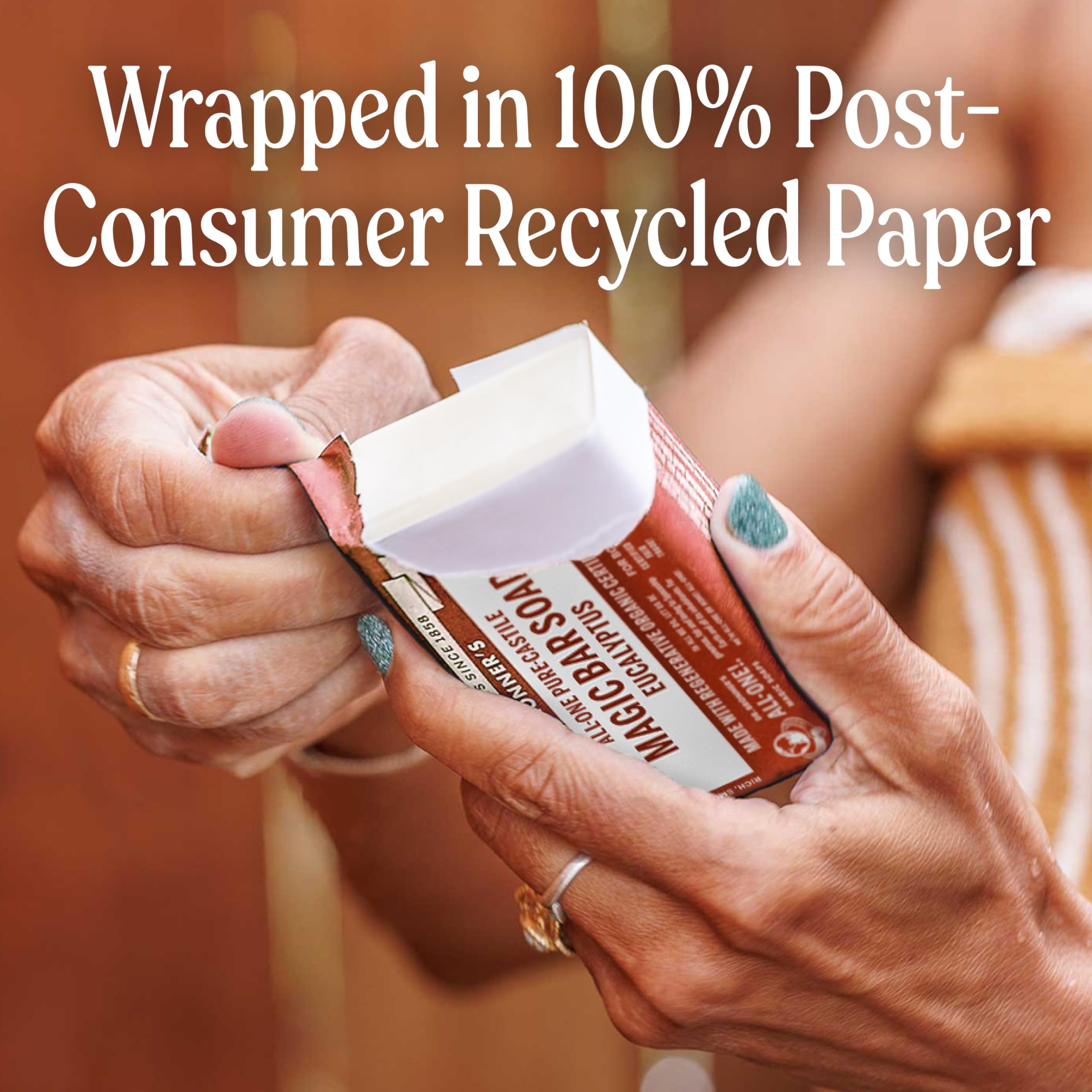 Dr. Bronner's bar wrapped in post-consumer paper showcasing sustainable packaging.