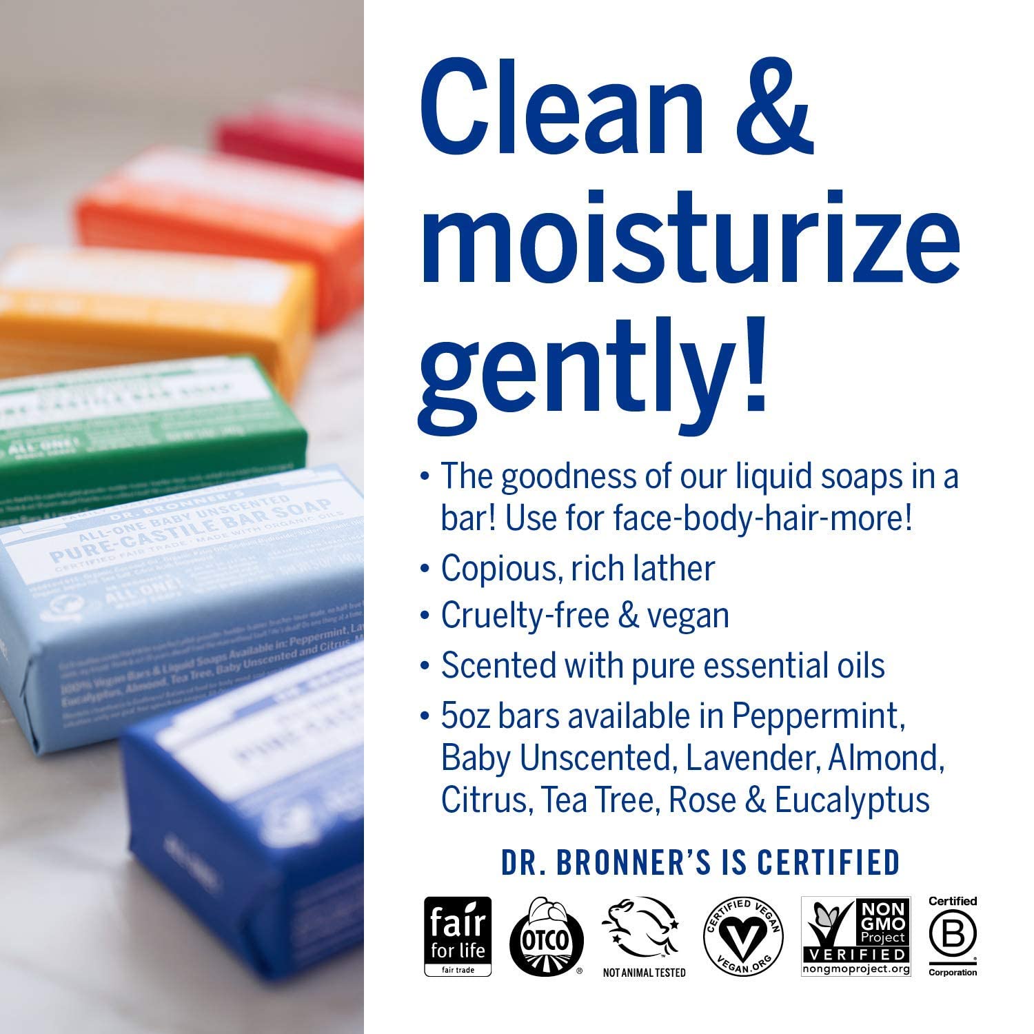 Dr. Bronner's rose bar soap features floral notes and gentle cleansing
