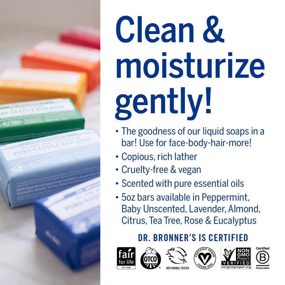 Dr. Bronner's rose bar soap features floral notes and gentle cleansing