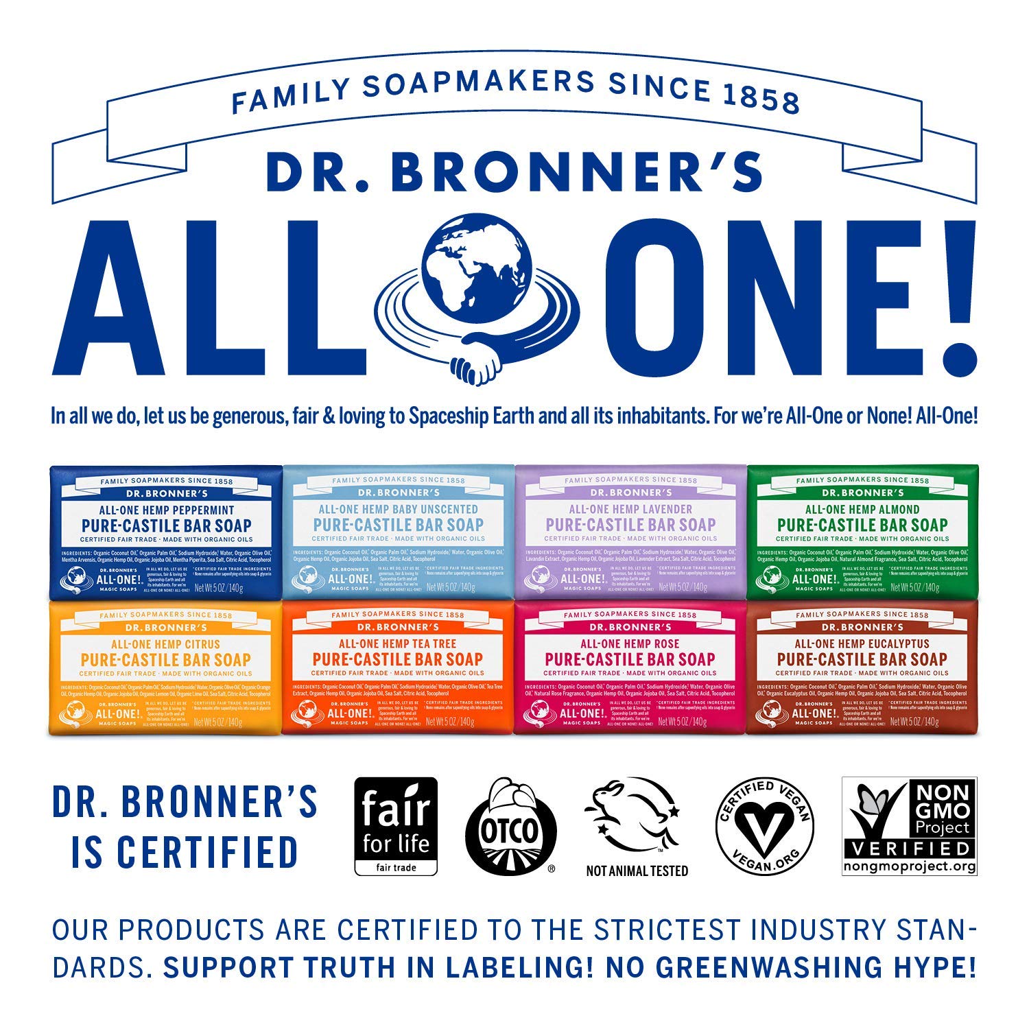 Dr. Bronner's unscented bar soap for fragrance-free cleansing, ideal for sensitive skin