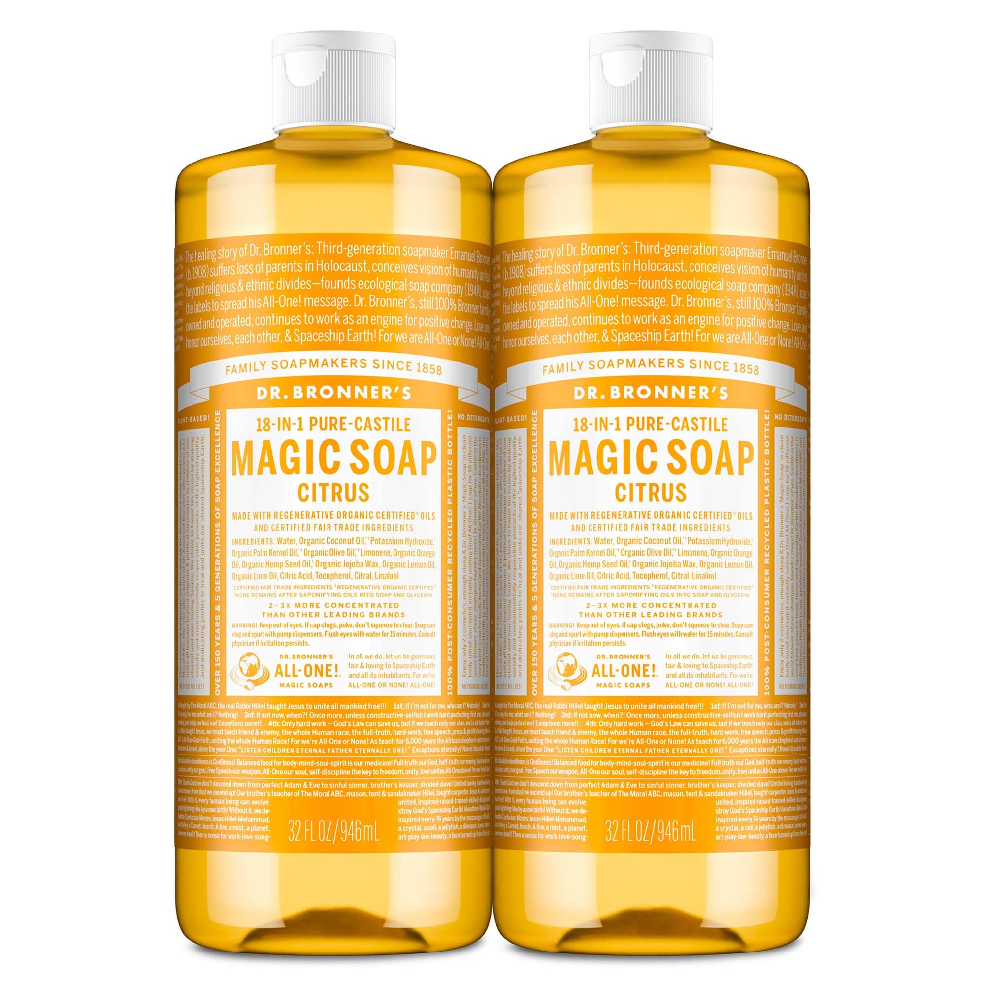 Dr. Bronner's Citrus Castile Soap bottle with vibrant label for gentle body wash