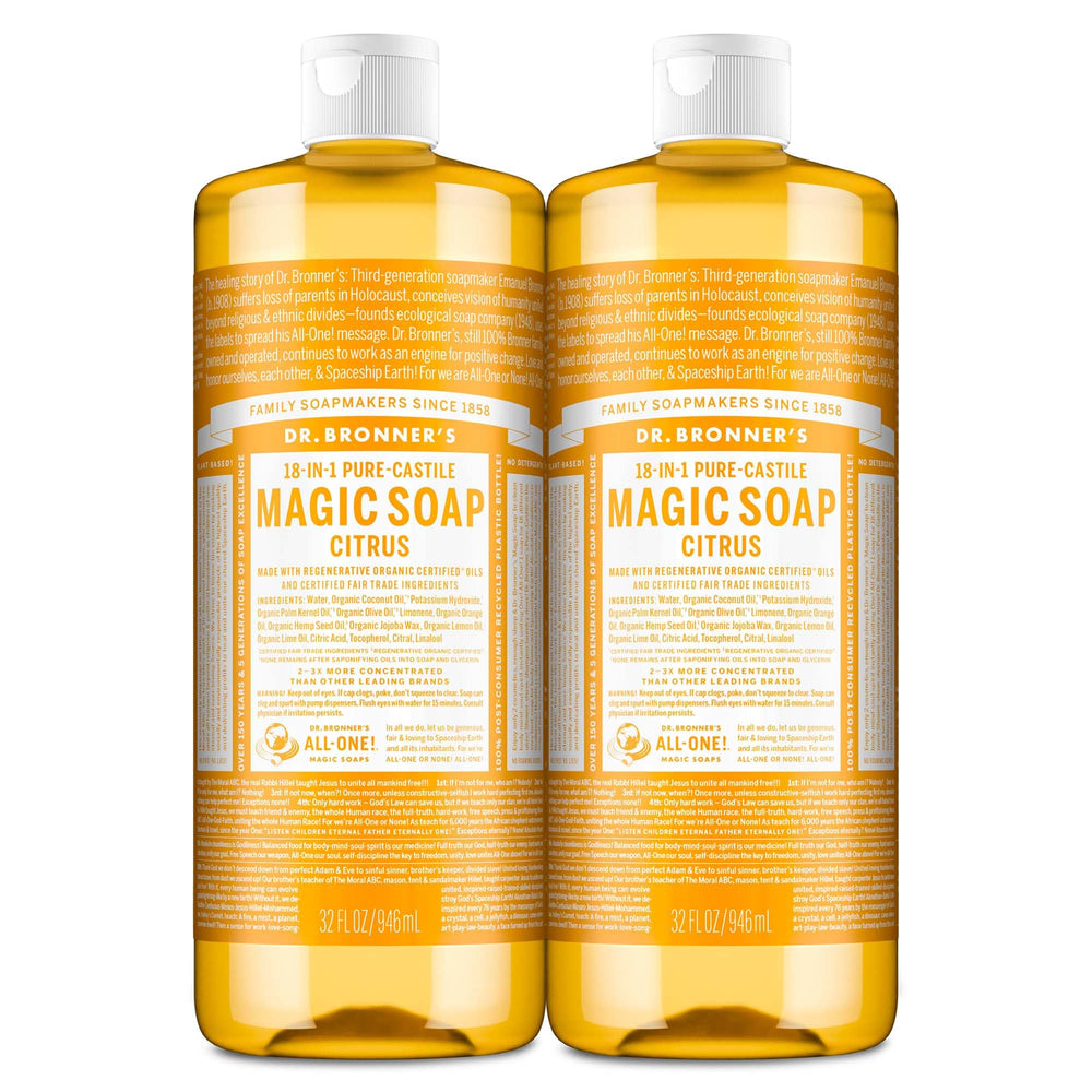 Dr. Bronner's Citrus Castile Soap bottle with vibrant label for gentle body wash