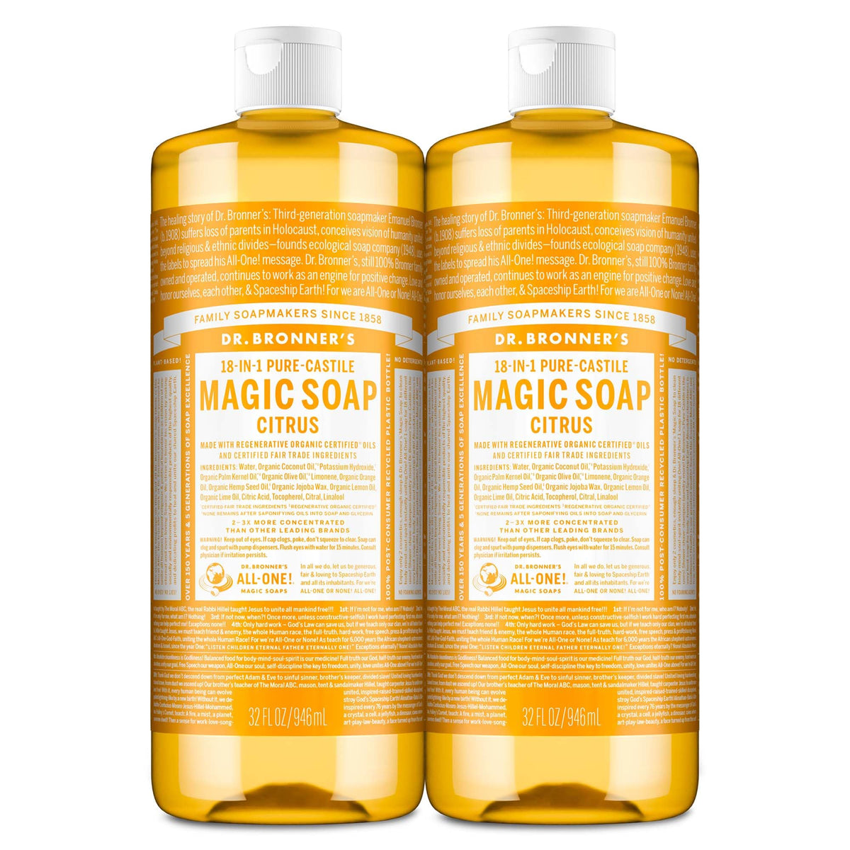 Dr. Bronner's Citrus Castile Soap bottle with vibrant label for gentle body wash