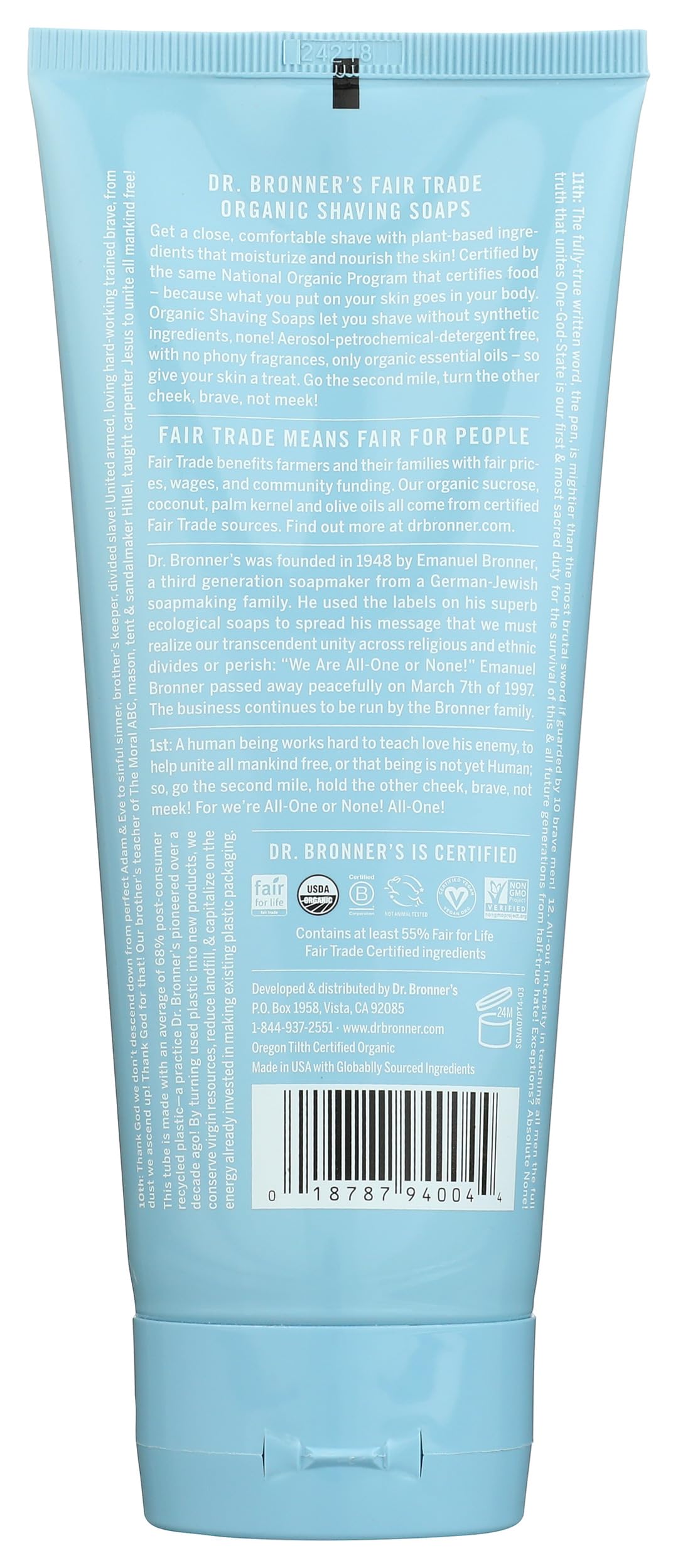 Dr. Bronner's coconut oil conditioning supports smooth shaving and moisturized skin.