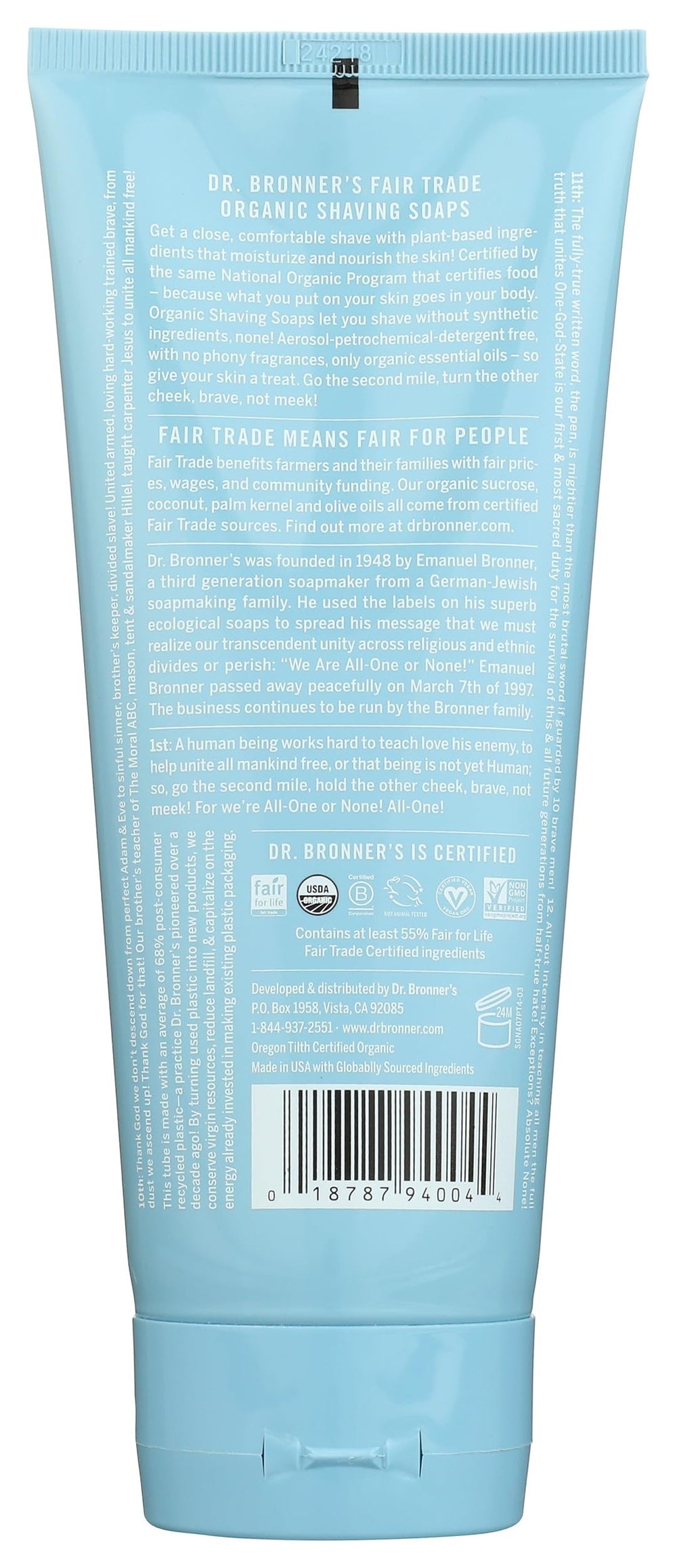 Dr. Bronner's coconut oil conditioning supports smooth shaving and moisturized skin.