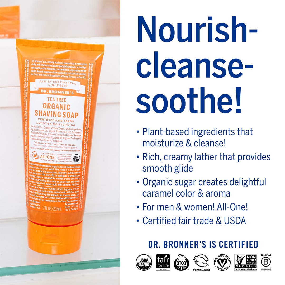 Dr. Bronner's Coconut-Olive-Hemp oil blend forms a creamy lather for smooth skin.