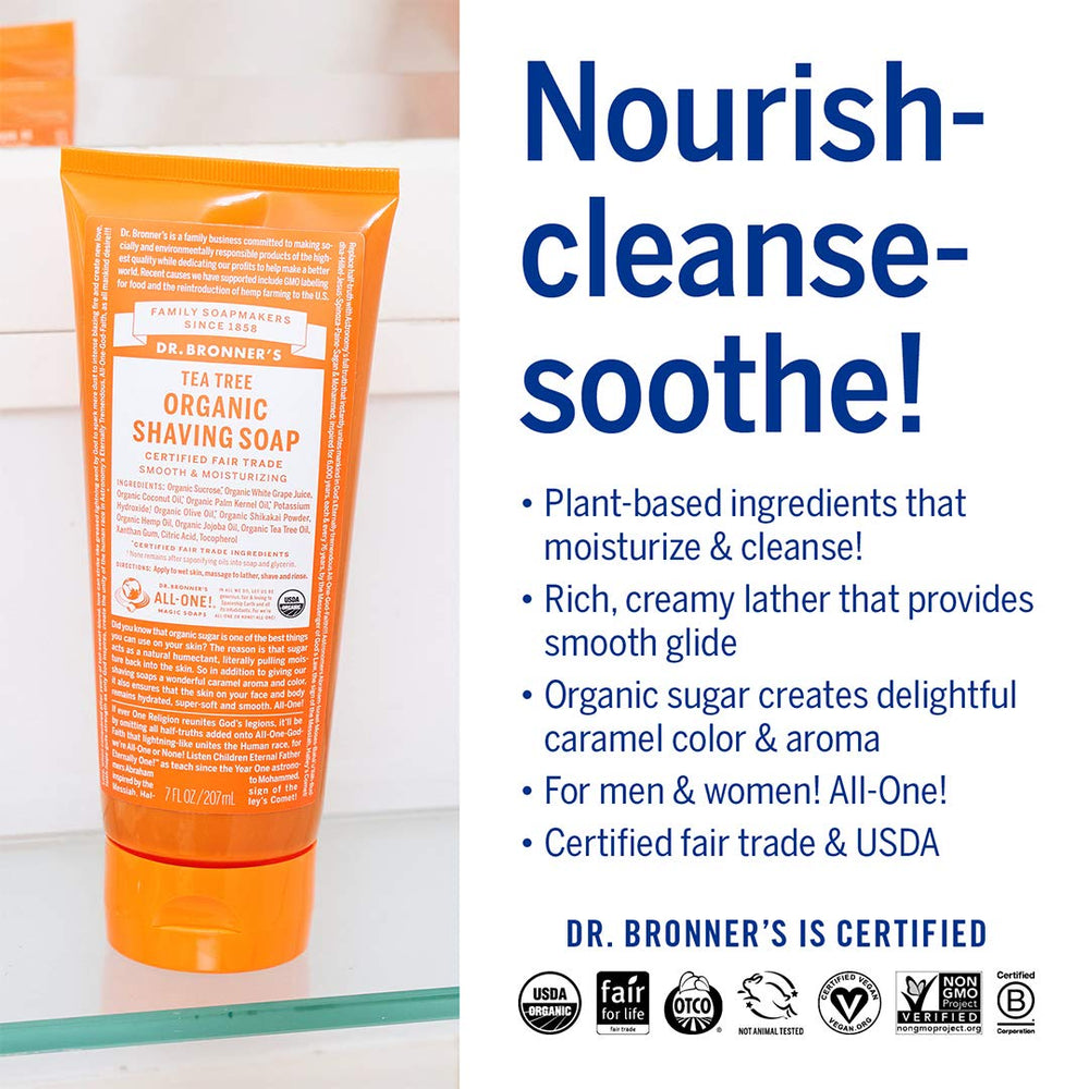 Dr. Bronner's Coconut-Olive-Hemp oil blend forms a creamy lather for smooth skin.