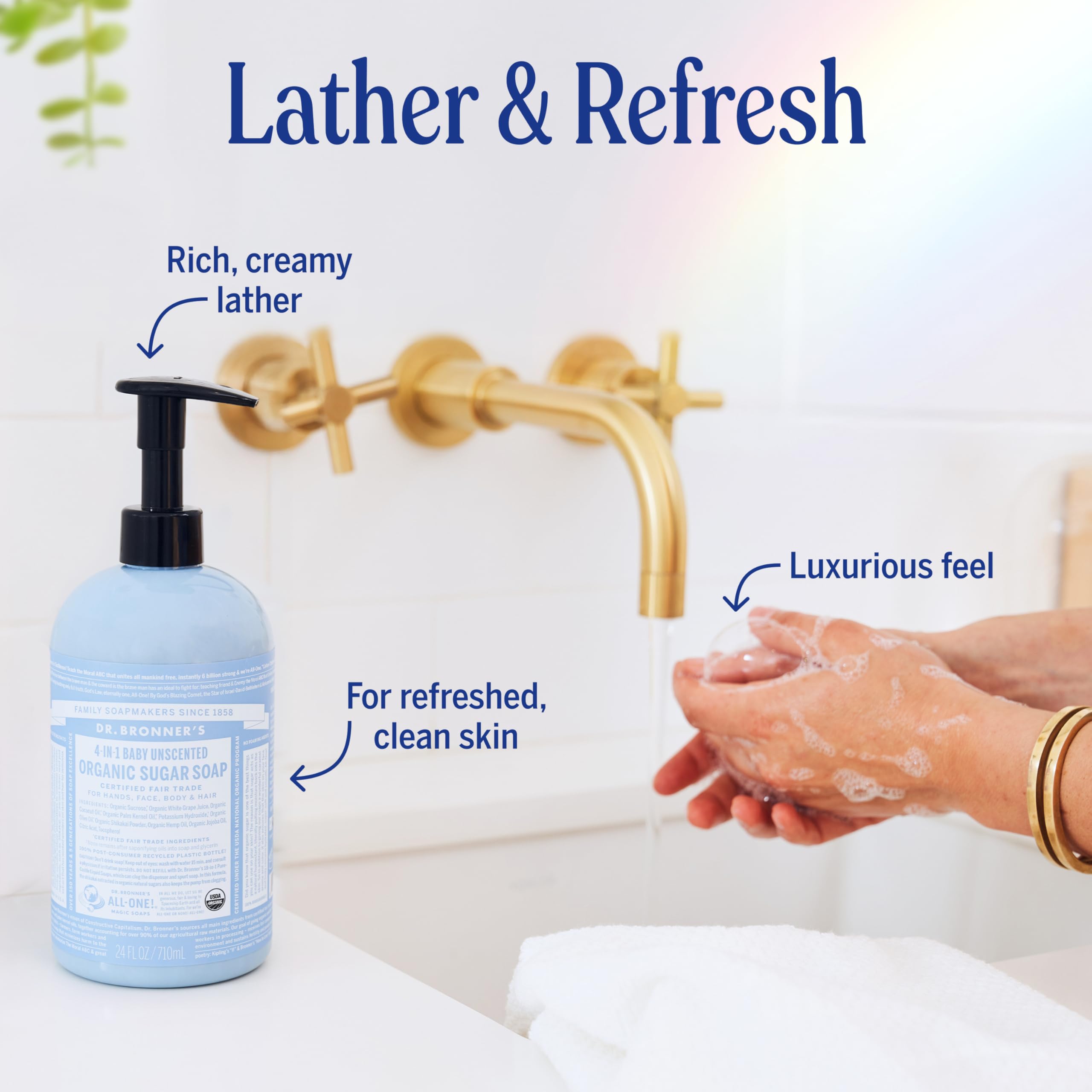 Dr. Bronner's eco-friendly packaging uses post-consumer recycled plastic.