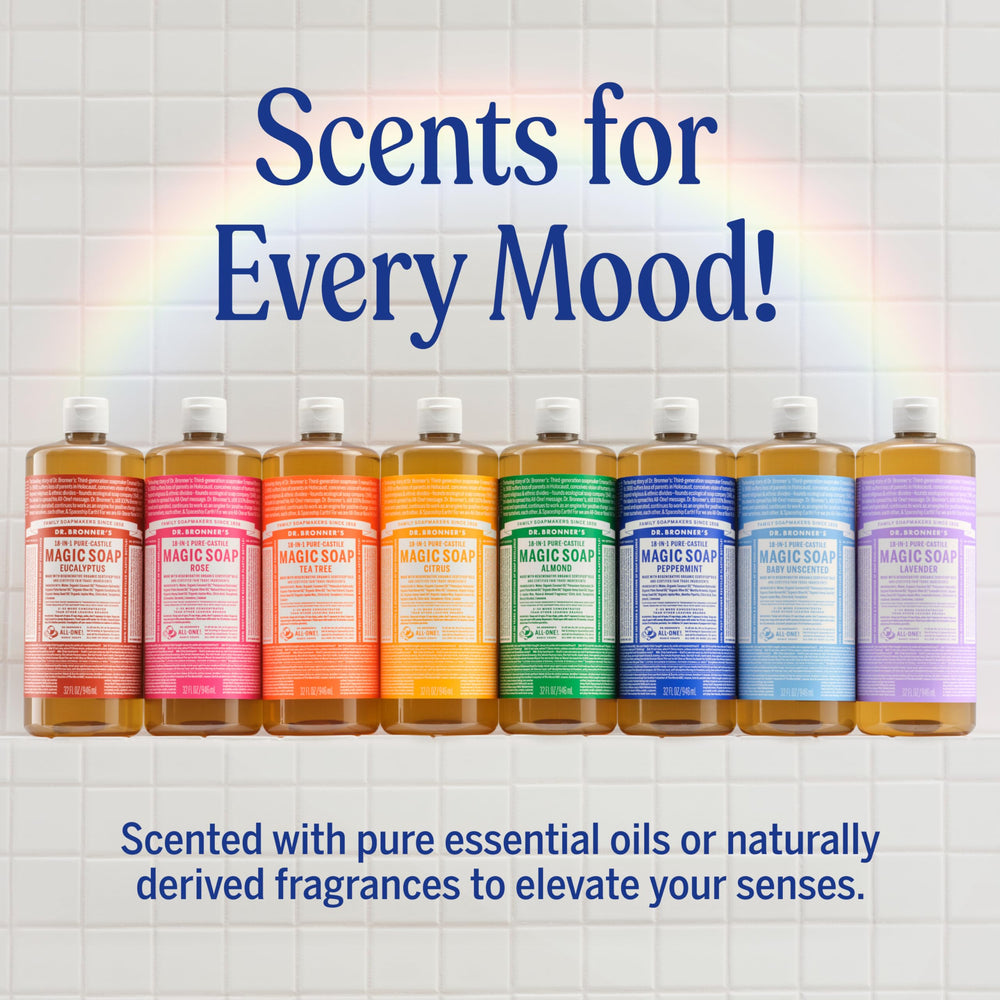 Dr. Bronner's lavender liquid application on skin, hair, and body care.
