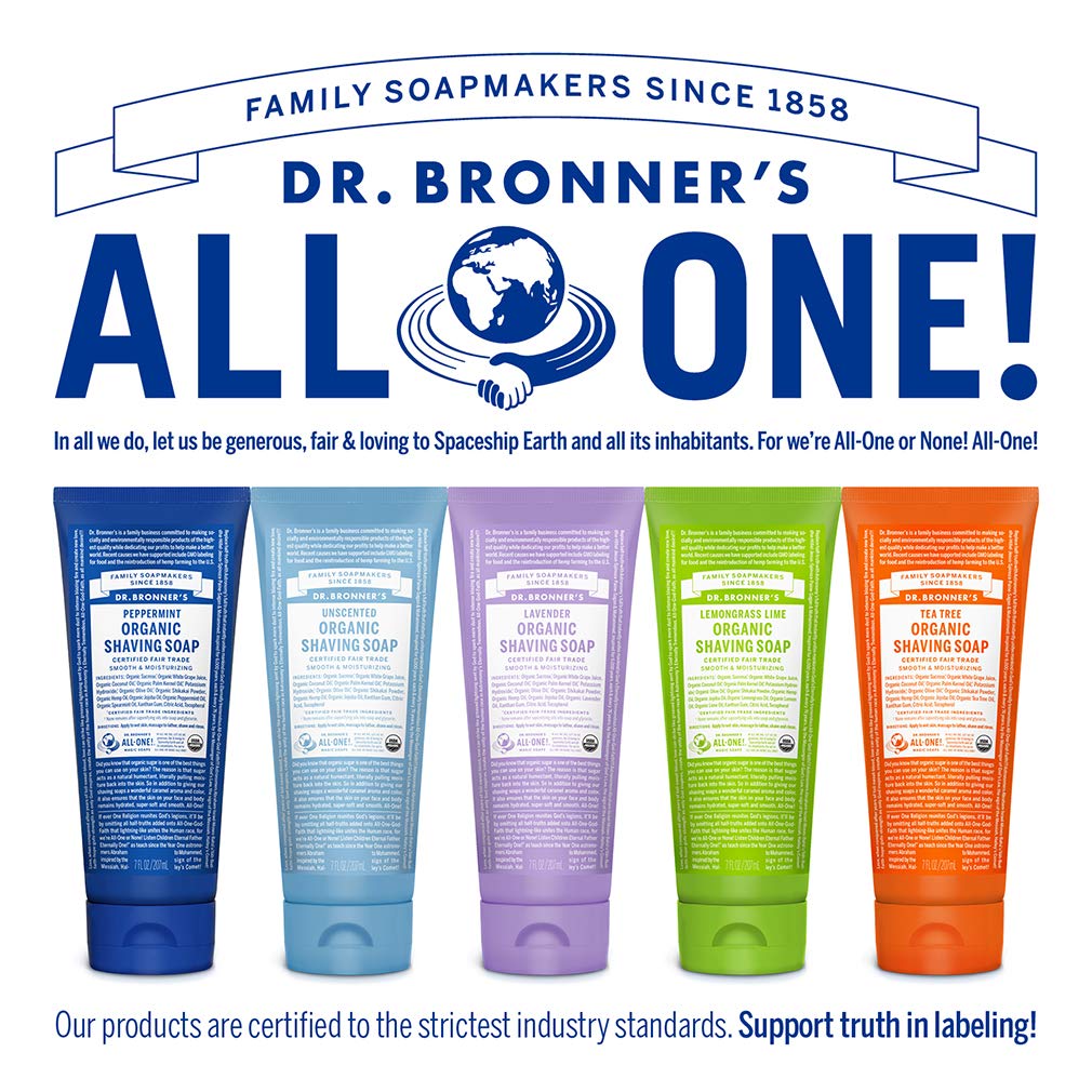Dr. Bronner's Shaving Soap on face and underarms ready for quick routine.