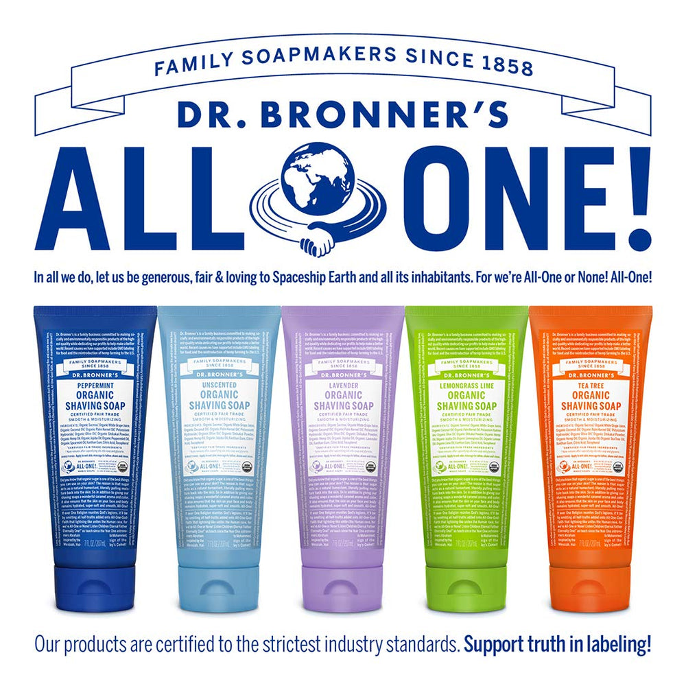 Dr. Bronner's Shaving Soap on face and underarms ready for quick routine.