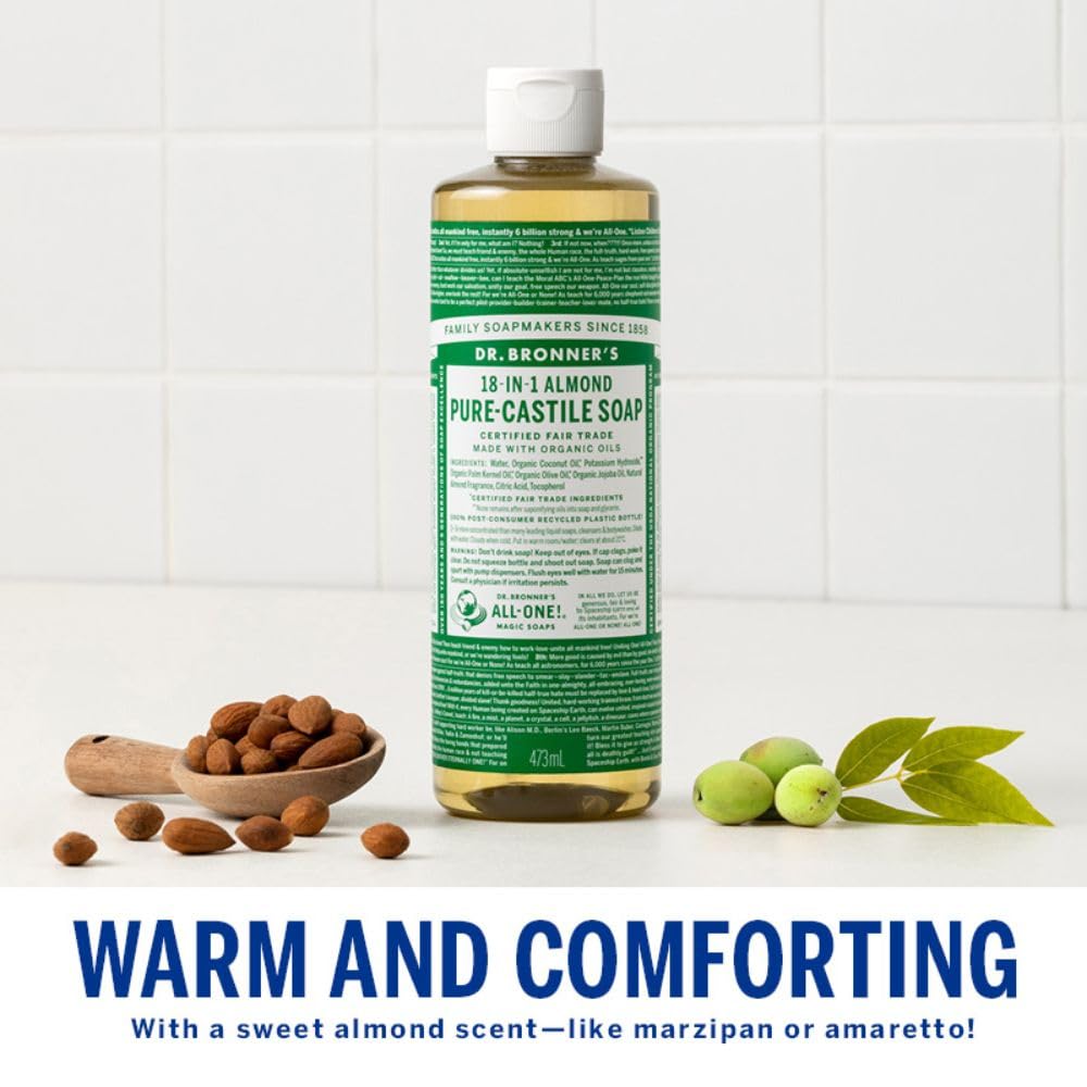 Dr. Bronner's fair trade Ecuador palm kernel oil bottle signals sustainable sourcing.