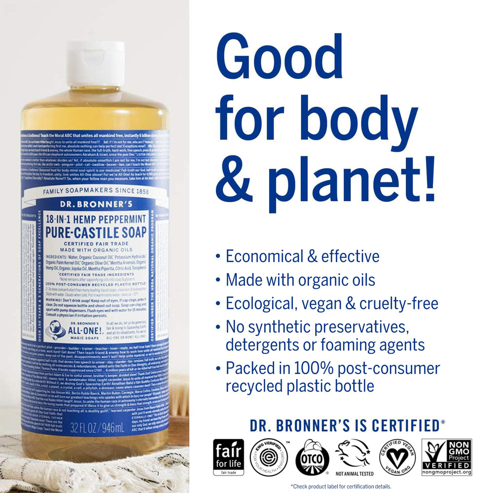 The bottle pour enables precise, mess-free application of Dr. Bronner's hemp peppermint oil.