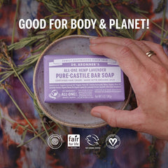 Dr. Bronner's lavender bar in use on hands during rinse.