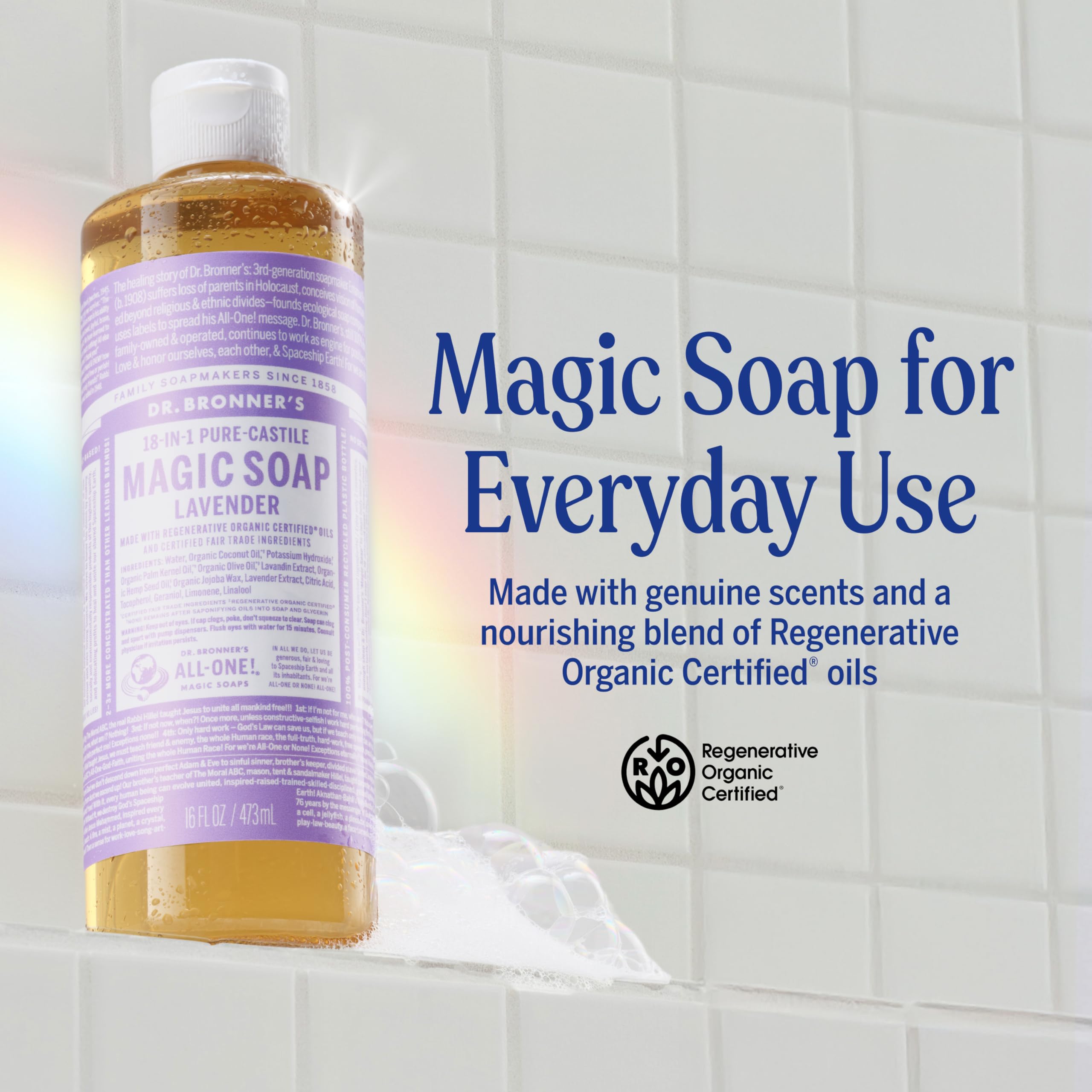 Dr. Bronner's Lavender lather close-up shows rich, skin-friendly foam.