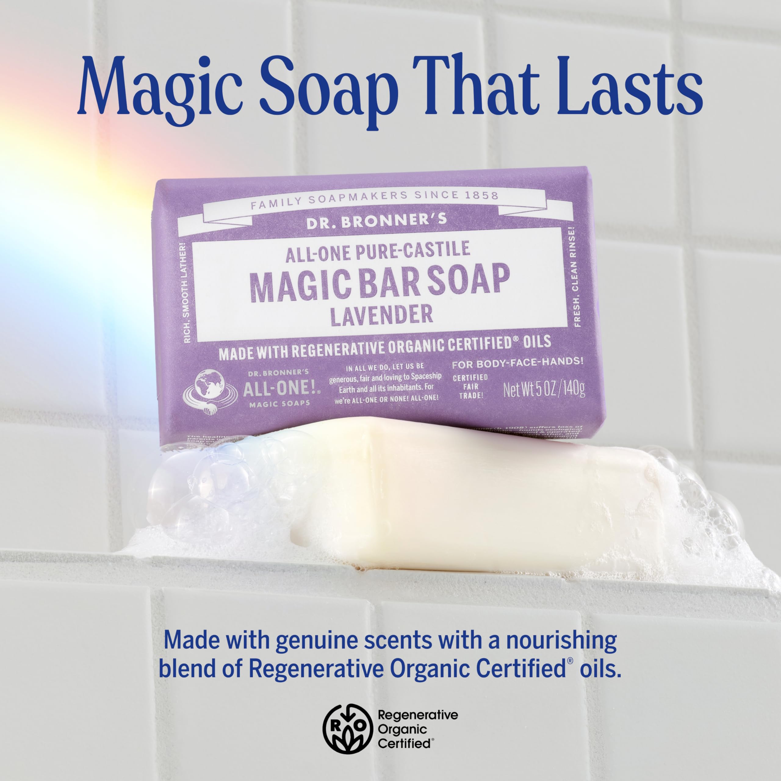 Dr. Bronner's Lavender bar close-up shows rich lather for gentle cleansing.