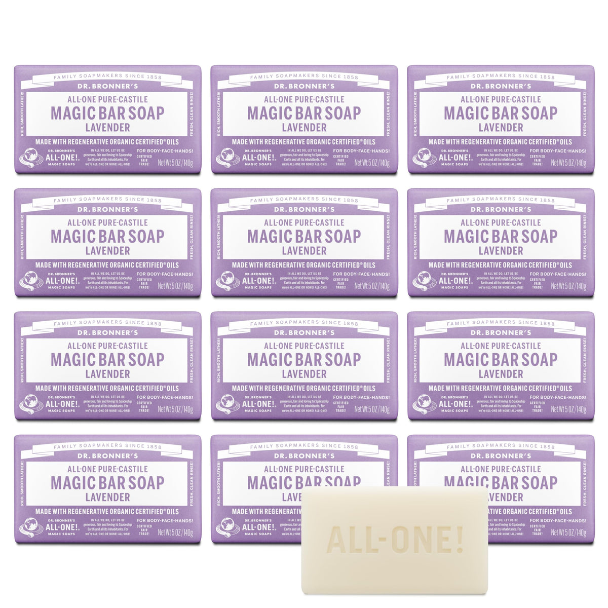 Dr. Bronner's Lavender Magic Bar front packaging highlights eco-friendly, versatile cleansing.