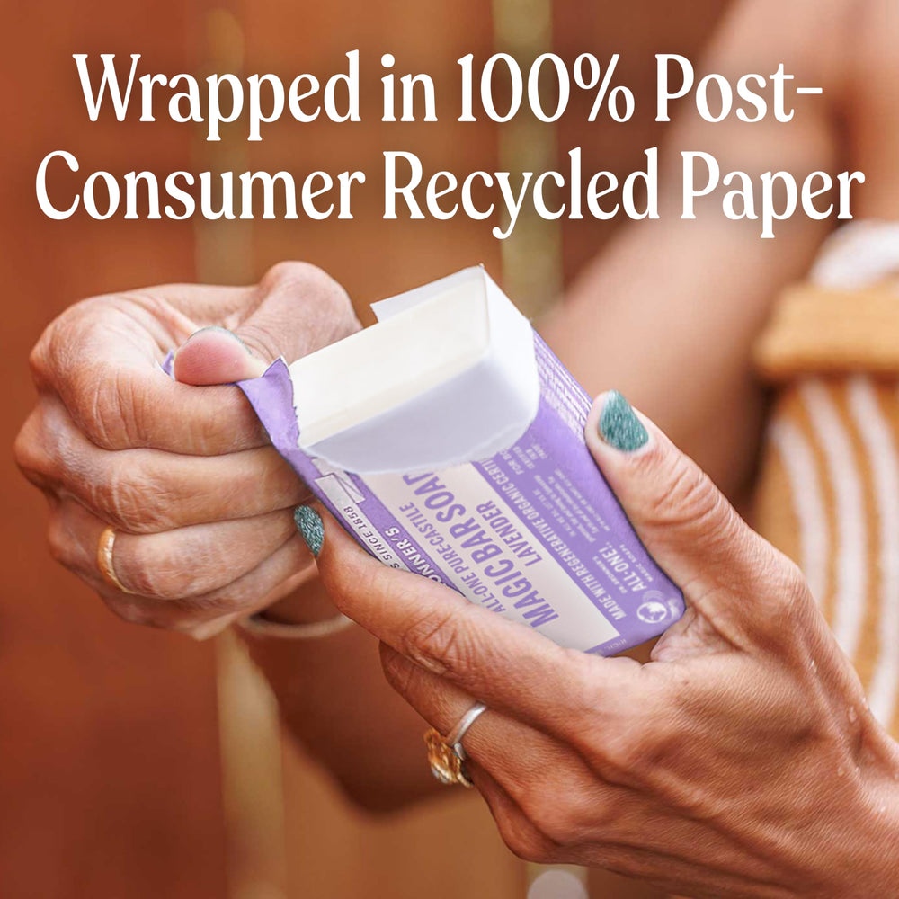 Dr. Bronner's Lavender bar features organic oils for gentle, effective cleansing.