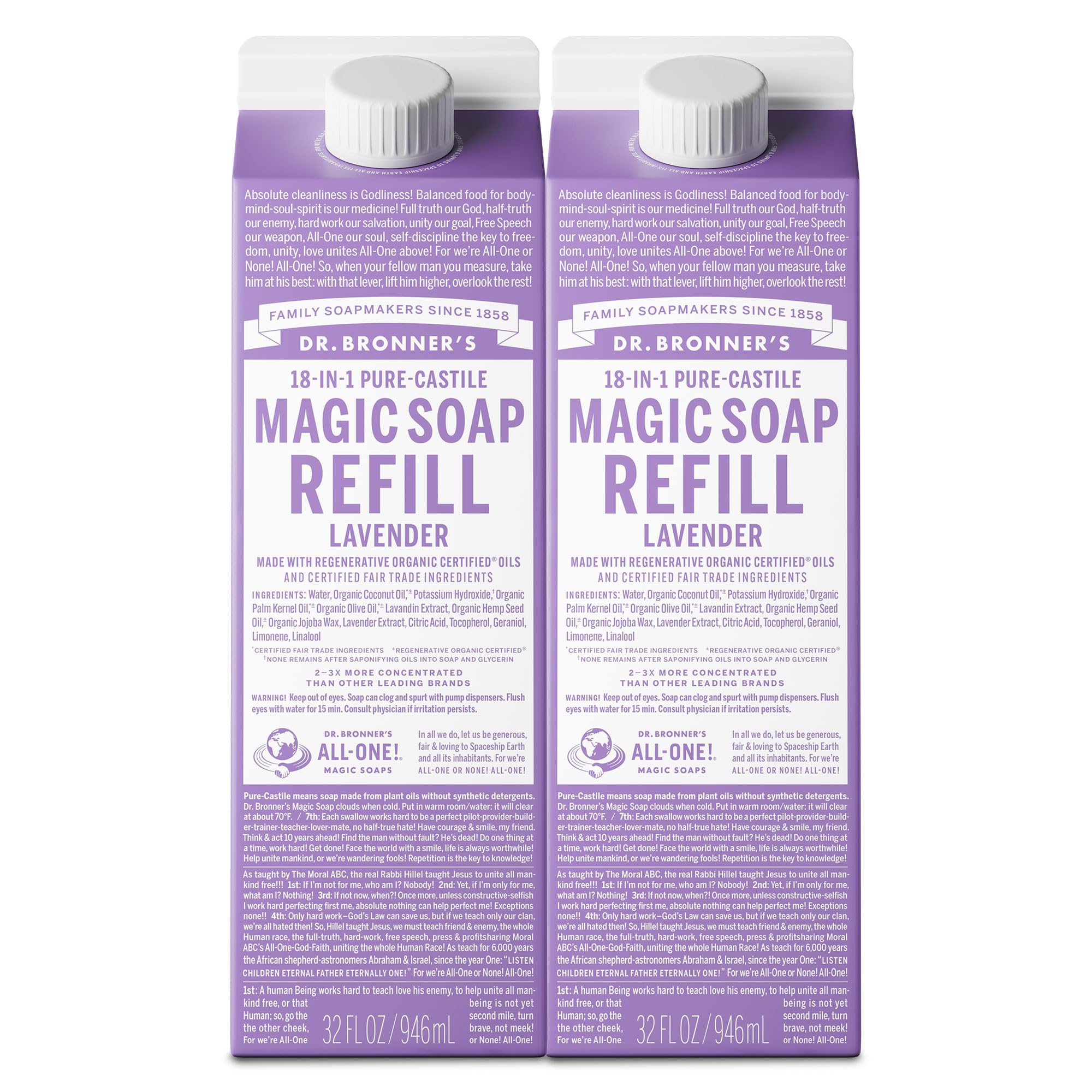 Dr. Bronner's Lavender Pure-Castile refill bottle pouring for multi-use cleansing.