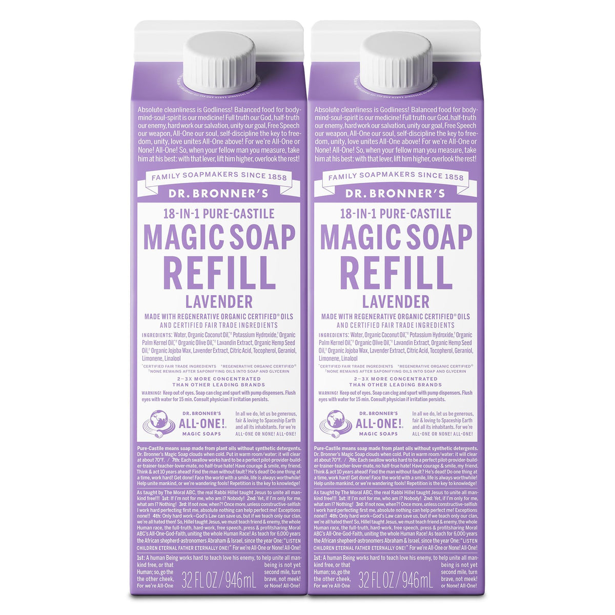 Dr. Bronner's Lavender Pure-Castile refill bottle pouring for multi-use cleansing.