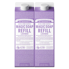 Dr. Bronner's Lavender Pure-Castile refill bottle pouring for multi-use cleansing.