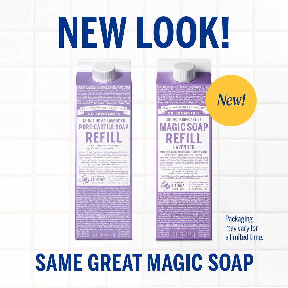 Dr. Bronner's Lavender refill carton close-up highlighting eco-friendly, low-plastic packaging.