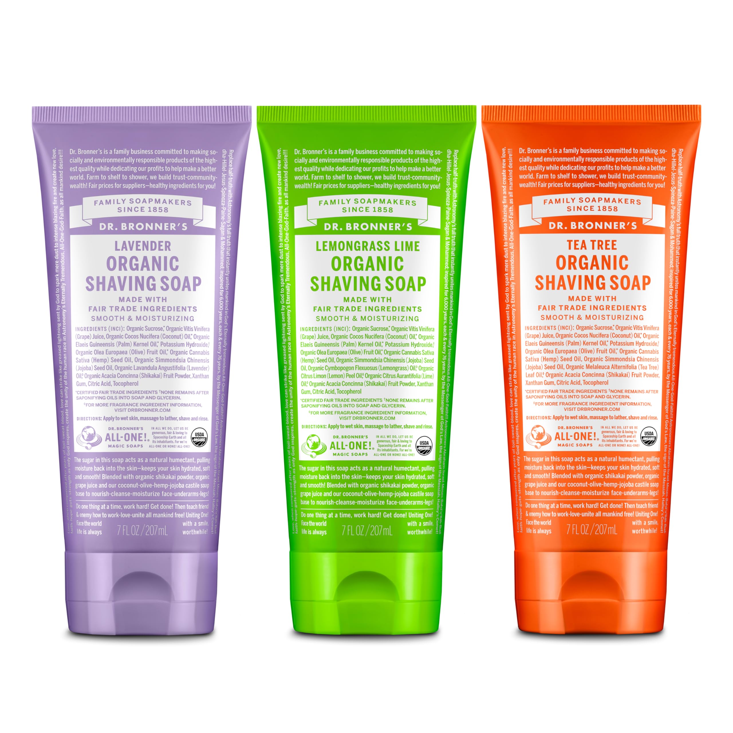 Dr. Bronner's lavender shaving soap lather showcases soothing aroma for a gentle shave.
