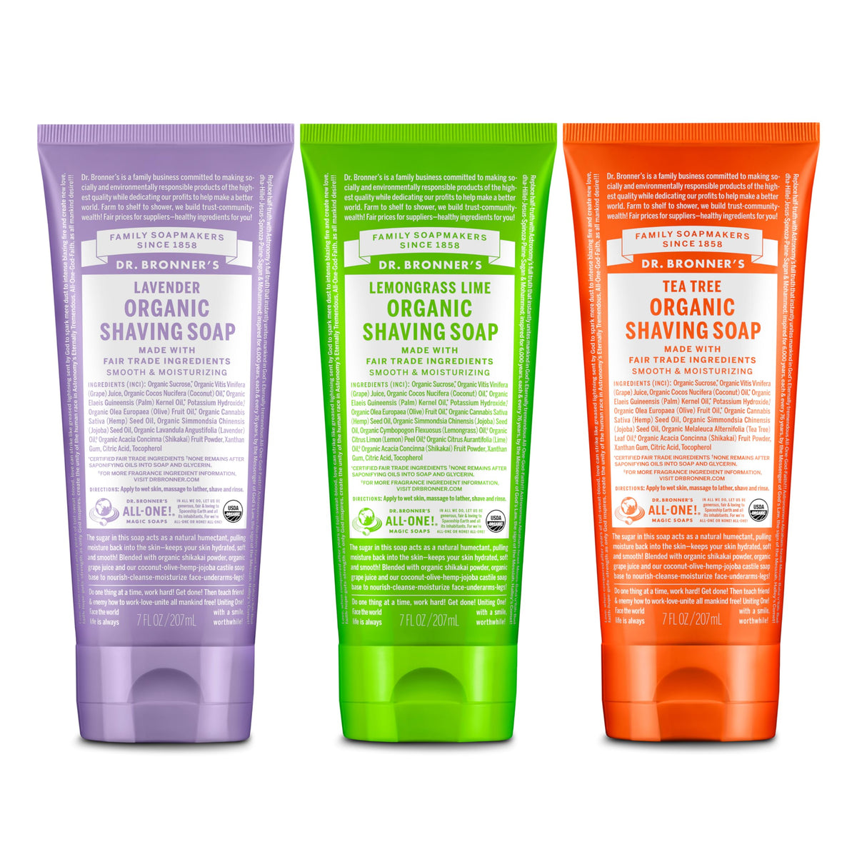 Dr. Bronner's lavender shaving soap lather showcases soothing aroma for a gentle shave.