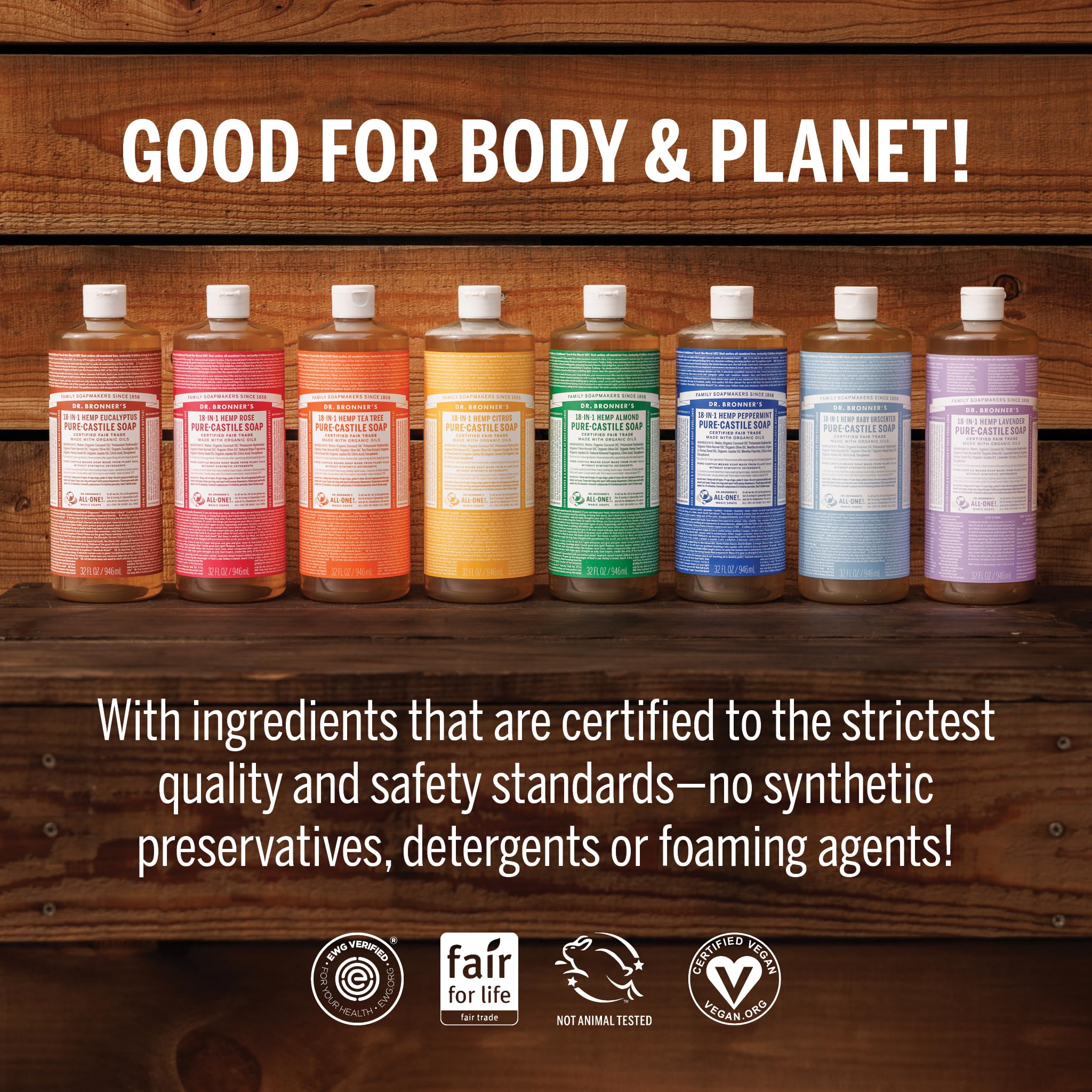 Dr. Bronner's Lavender soap pour-dispense image highlights easy, convenient all-purpose use.