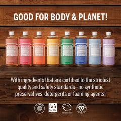 Dr. Bronner's Lavender soap pour-dispense image highlights easy, convenient all-purpose use.