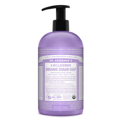 Dr. Bronner's Lavender Sugar Soap bottle provides a gentle all-in-one cleanse