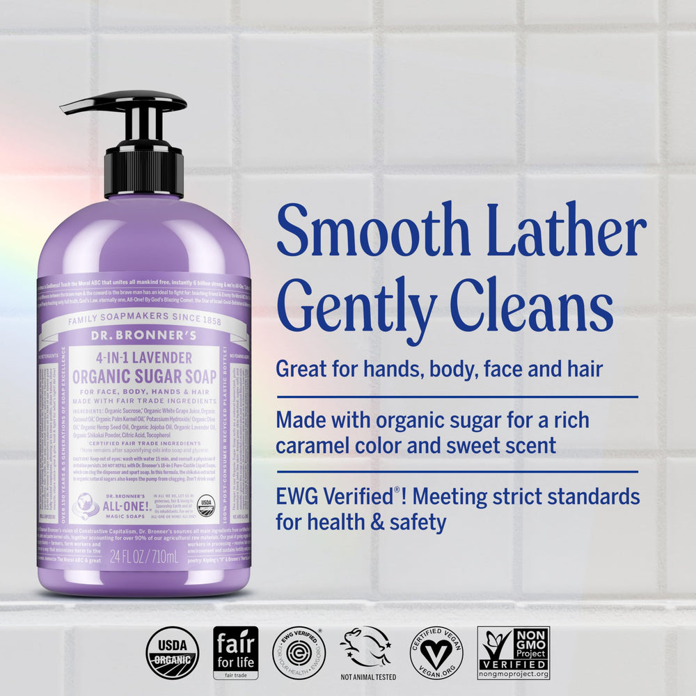 Dr. Bronner's Lavender Sugar Soap close-up of rich lavender lather for skin