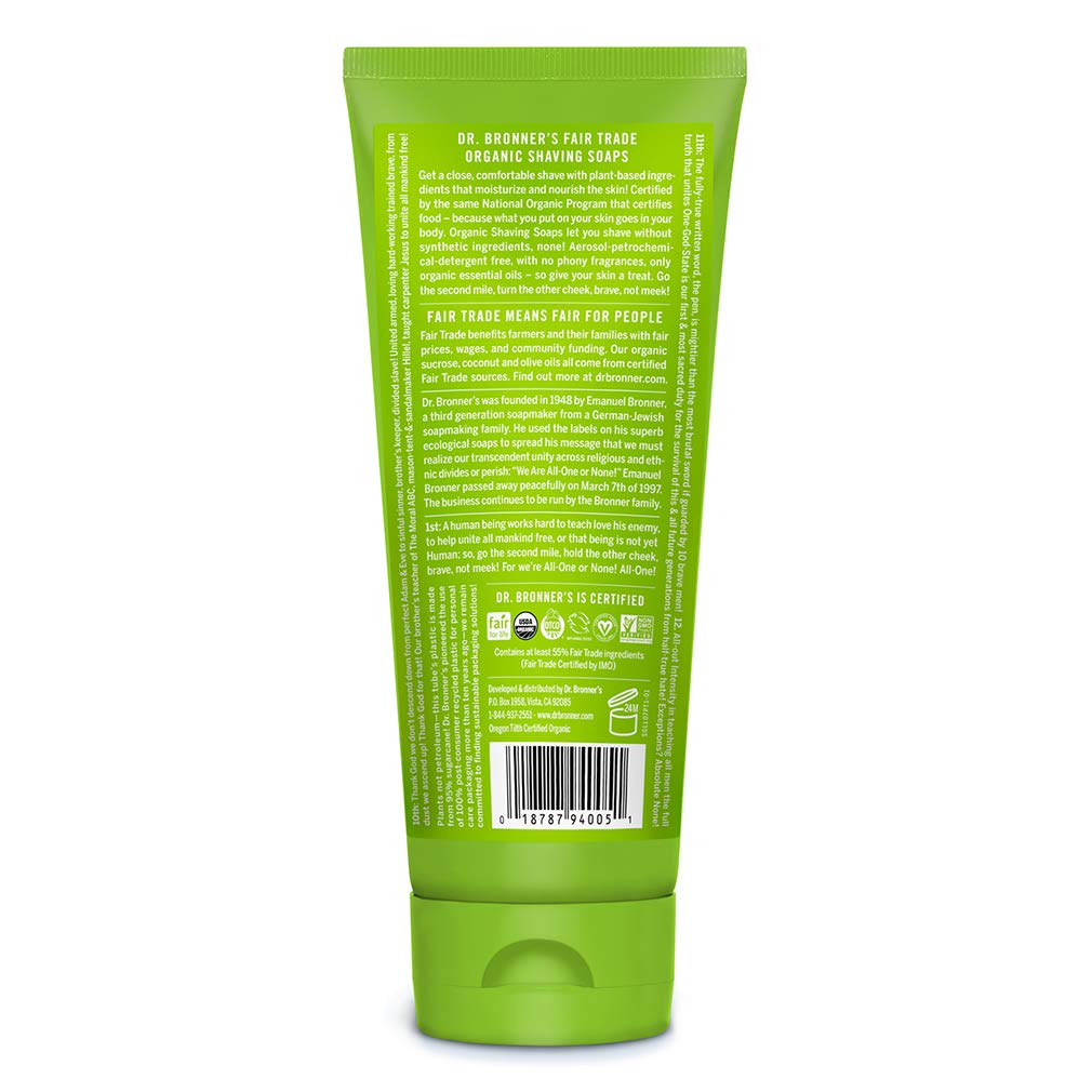 Dr. Bronner's Lemongrass shaving foam close-up shows rich, moisturizing texture for a close shave.