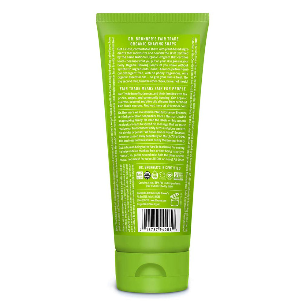 Dr. Bronner's Lemongrass shaving foam close-up shows rich, moisturizing texture for a close shave.