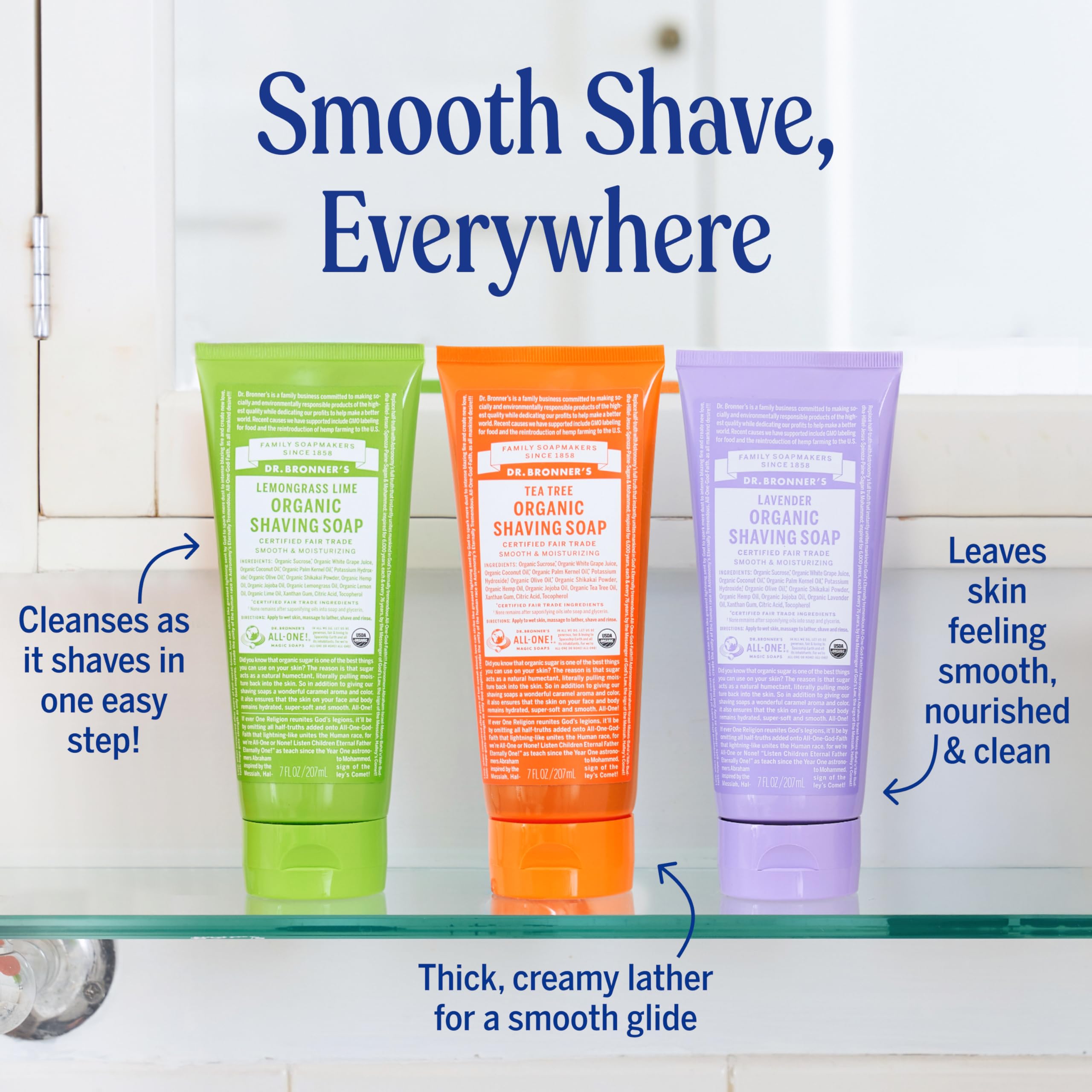 Dr. Bronner's lemongrass shaving soap cream offers bright scent and smooth finish.