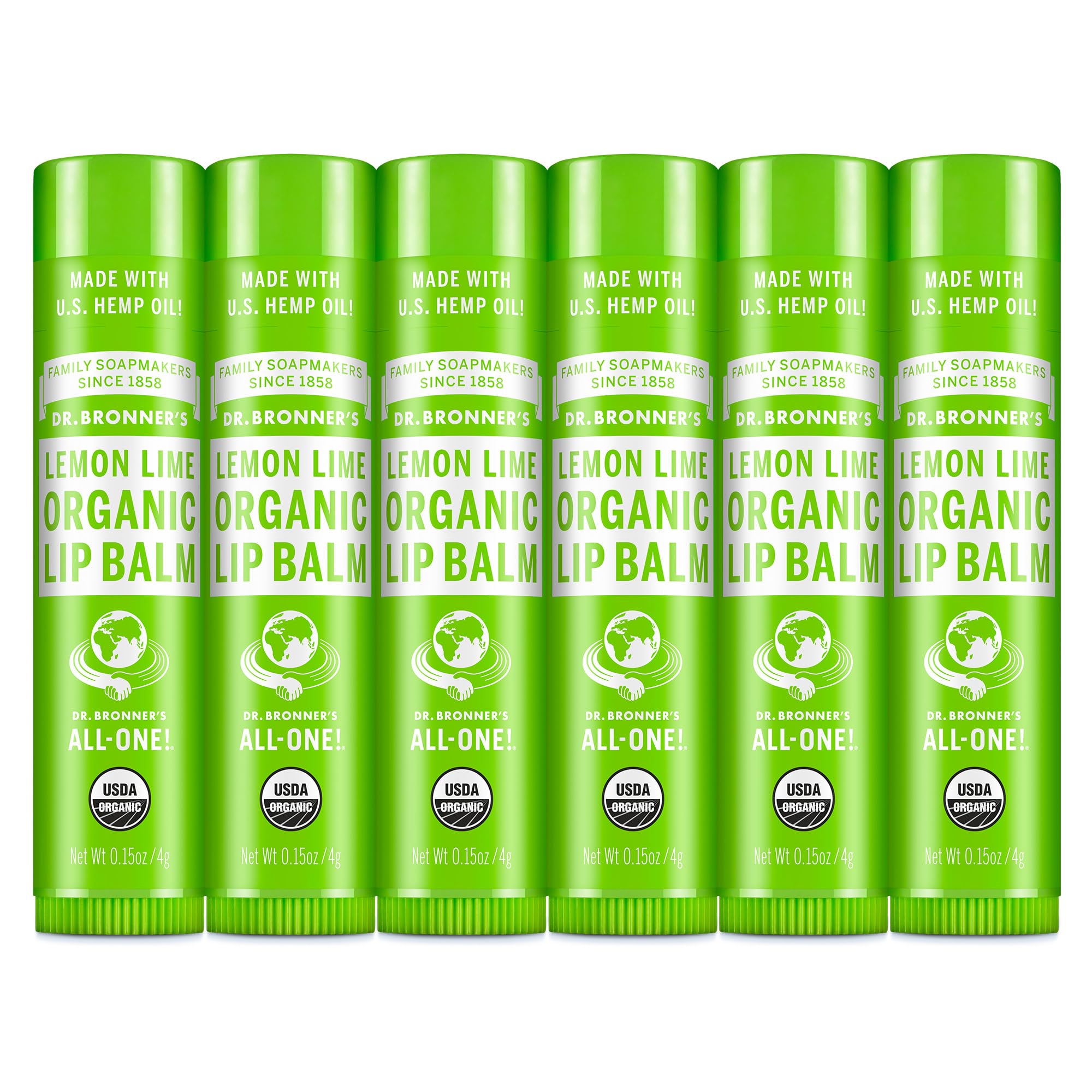 Dr. Bronner’s Organic Lip Balm 6-pack packshot showing a convenient moisturizing lip care kit.