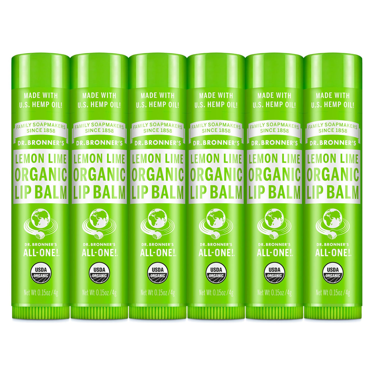 Dr. Bronner’s Organic Lip Balm 6-pack packshot showing a convenient moisturizing lip care kit.
