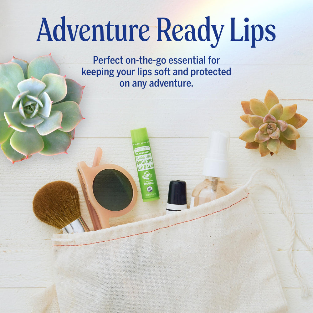 Dr. Bronner’s lip balm applying on lips demonstrating easy glide.