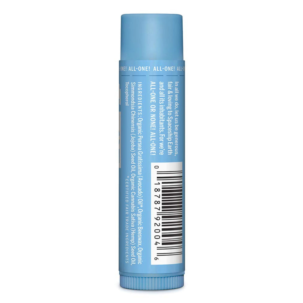 Dr. Bronner's unscented lip balm front view showing fragrance-free moisture