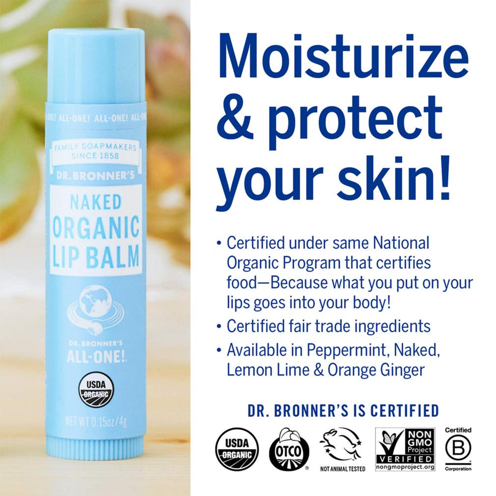 Dr. Bronner's lip balm for dry cuticles, hands, and cheeks provides multipurpose hydration