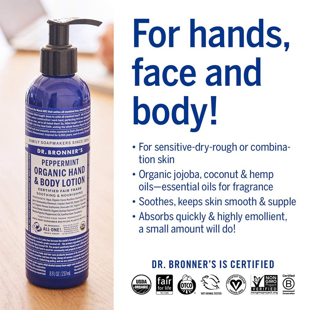 Dr. Bronner's lotion being applied to hands for quick hydration.