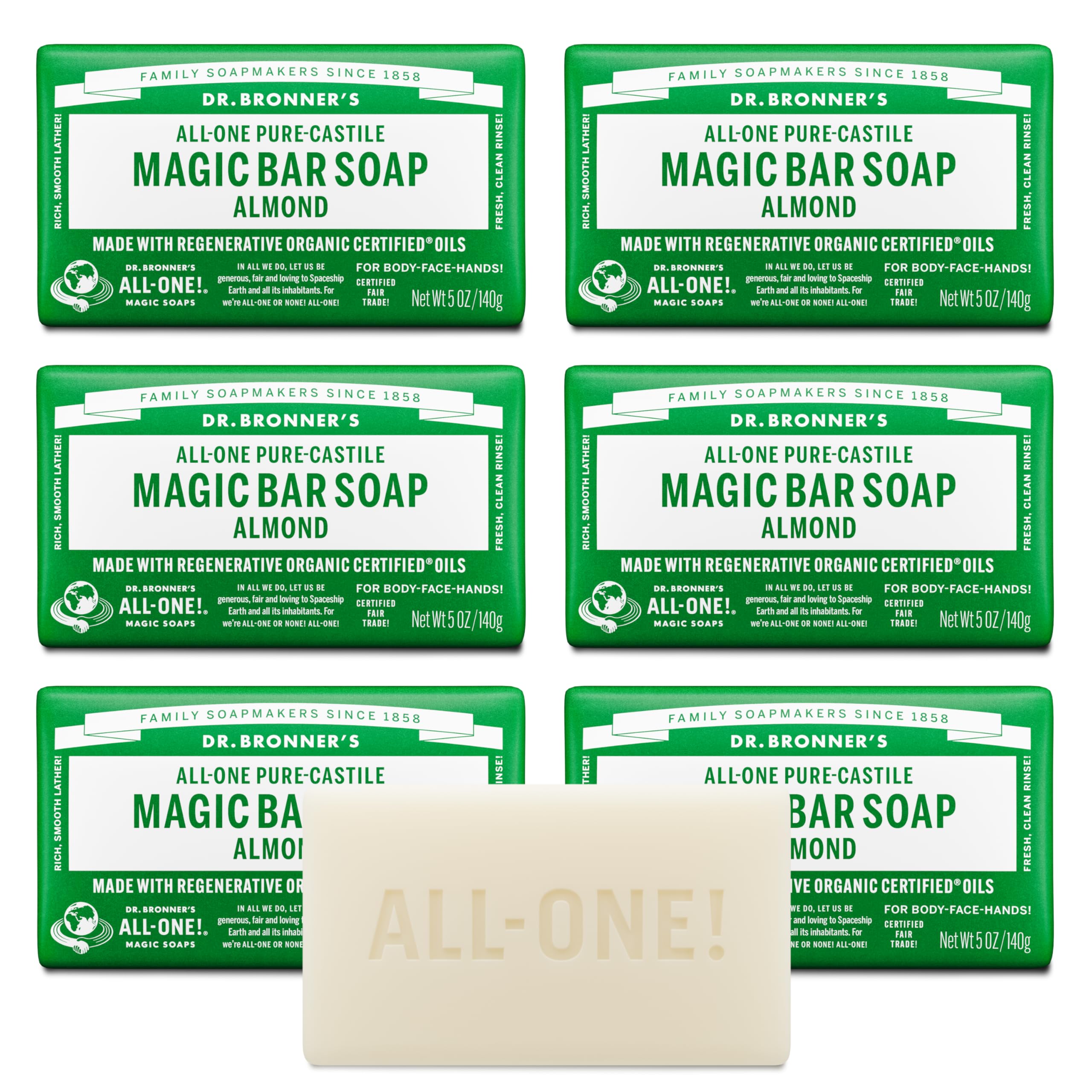 Dr. Bronner's Magic Bar Almond soap bar close-up shows rich lather for face and body cleansing.