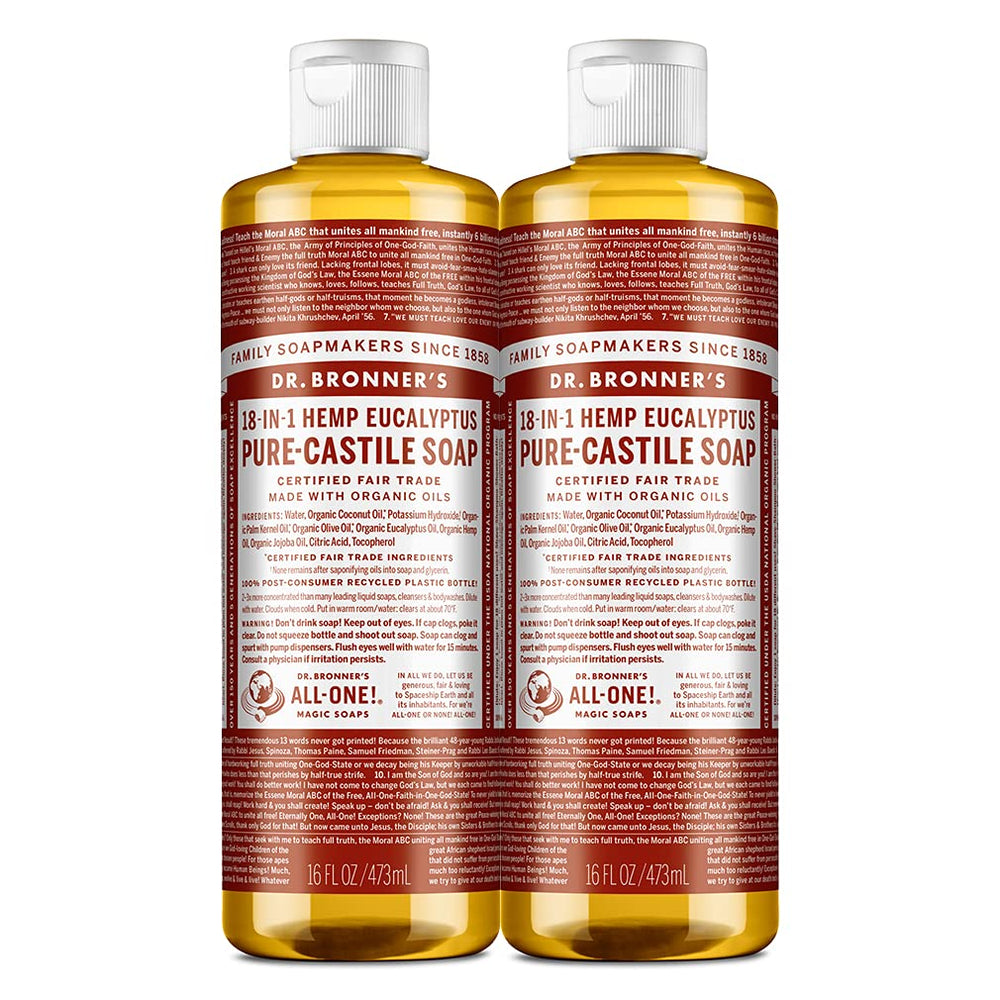 Dr. Bronner's Magic Soap bottle with eucalyptus scent for gentle skincare and cleaning