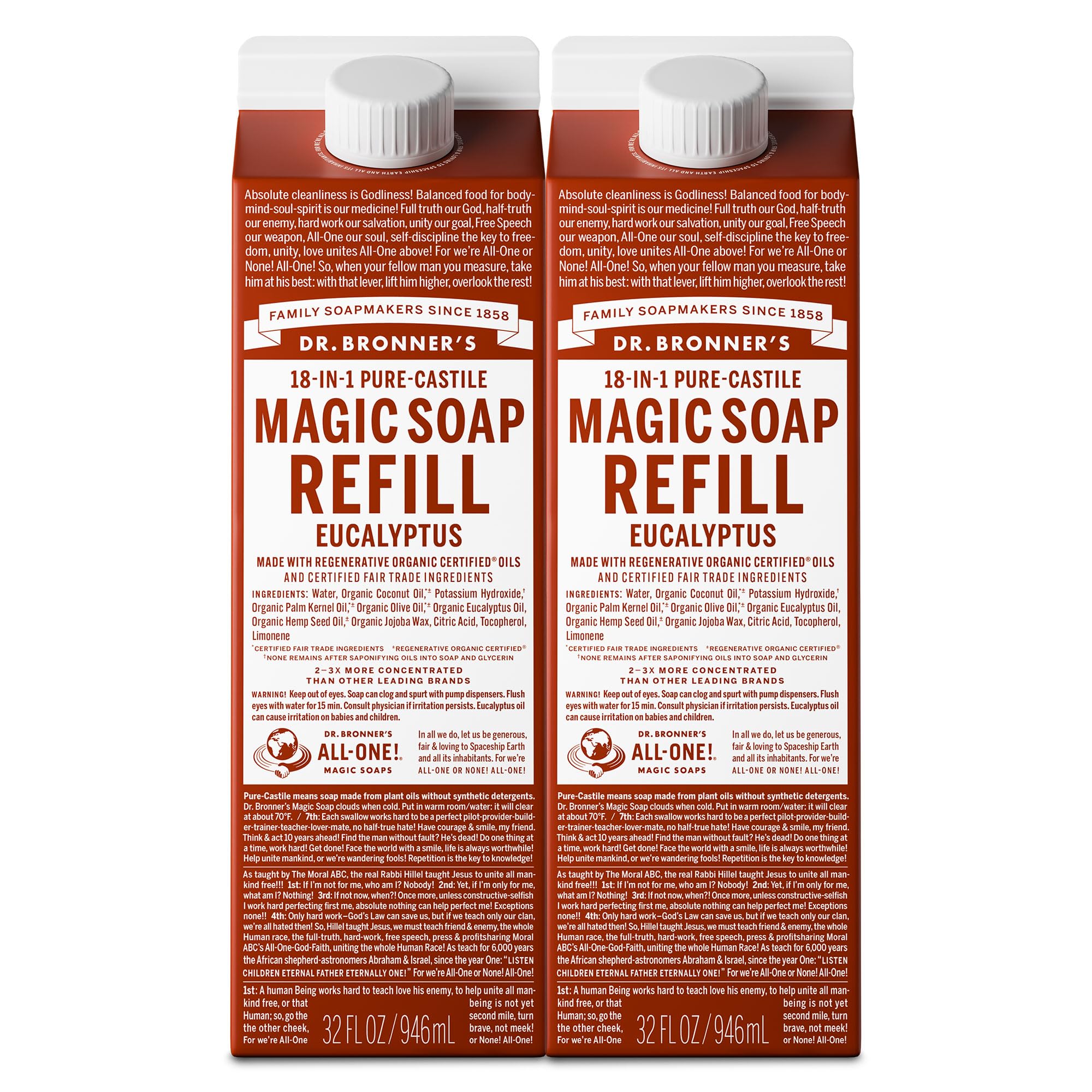 Dr. Bronner's Magic Soap eucalyptus refill bottle pour for versatile cleaning