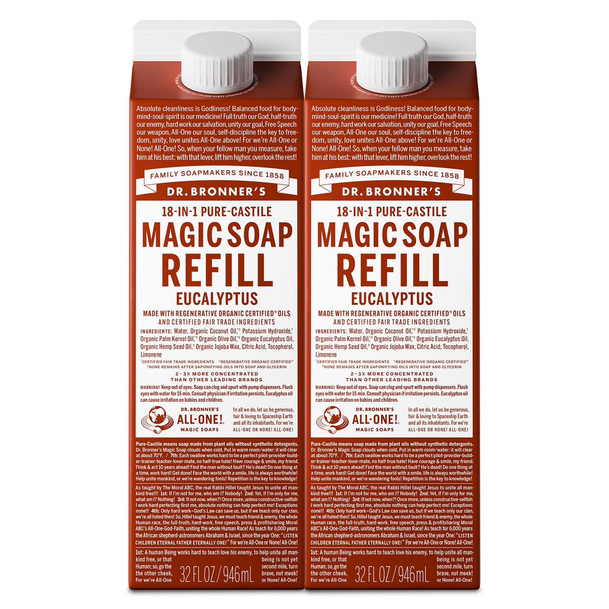 Dr. Bronner's Magic Soap eucalyptus refill bottle pour for versatile cleaning