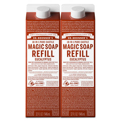 Dr. Bronner's Magic Soap eucalyptus refill bottle pour for versatile cleaning
