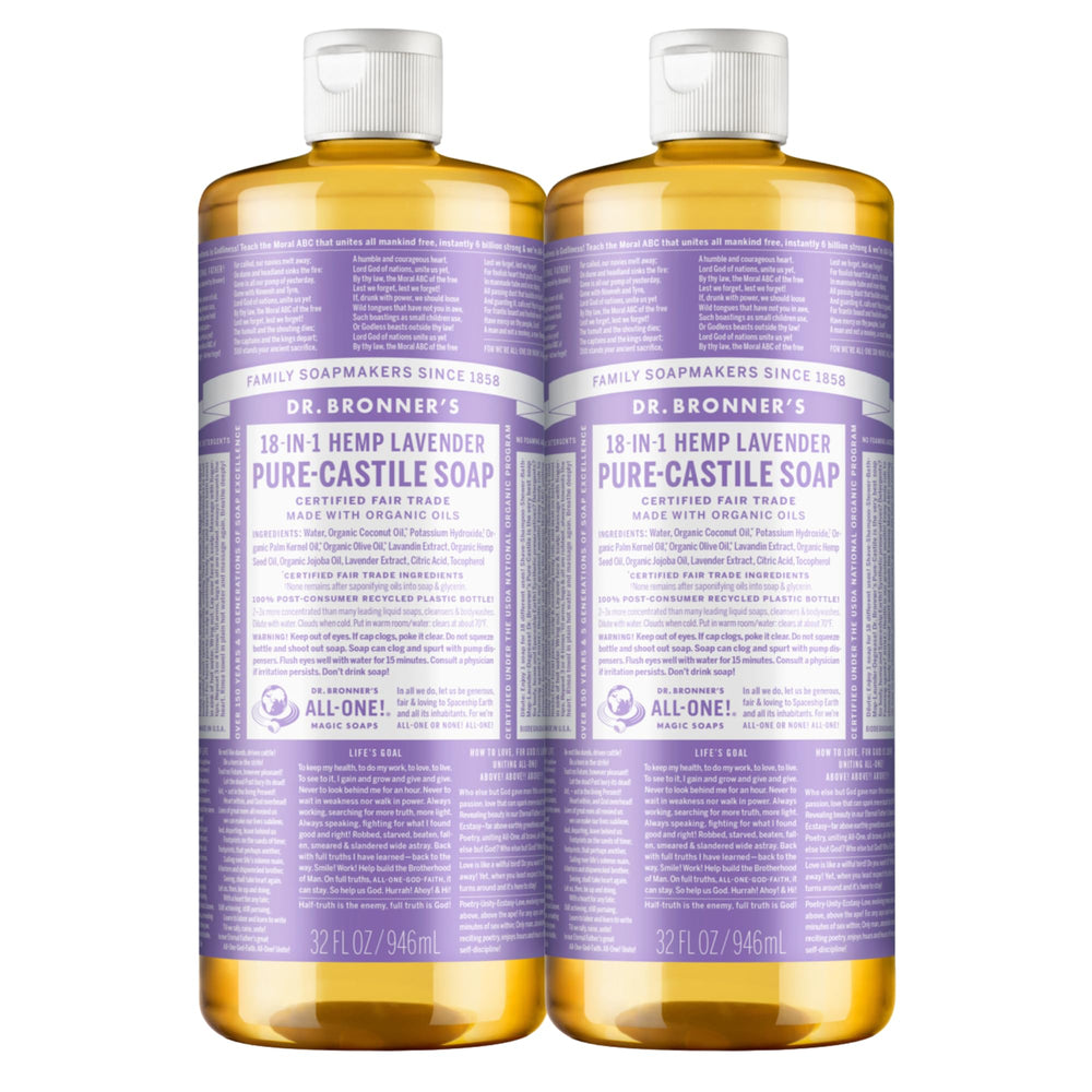 Dr. Bronner's Magic Soap Lavender 32oz bottle demonstrates potent, plant-based cleansing power.