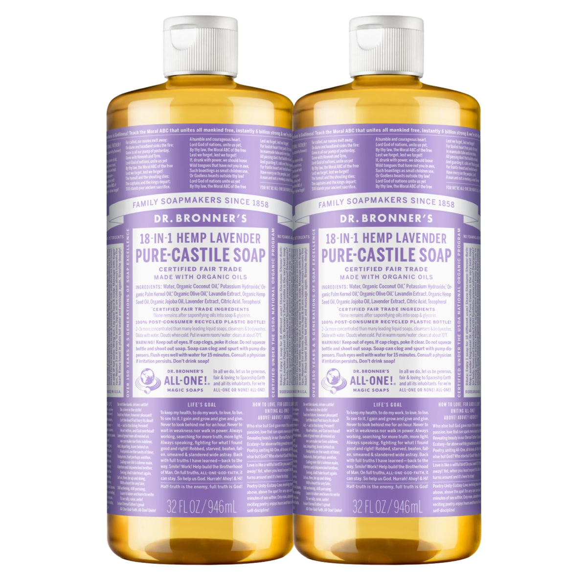Dr. Bronner's Magic Soap Lavender 32oz bottle demonstrates potent, plant-based cleansing power.